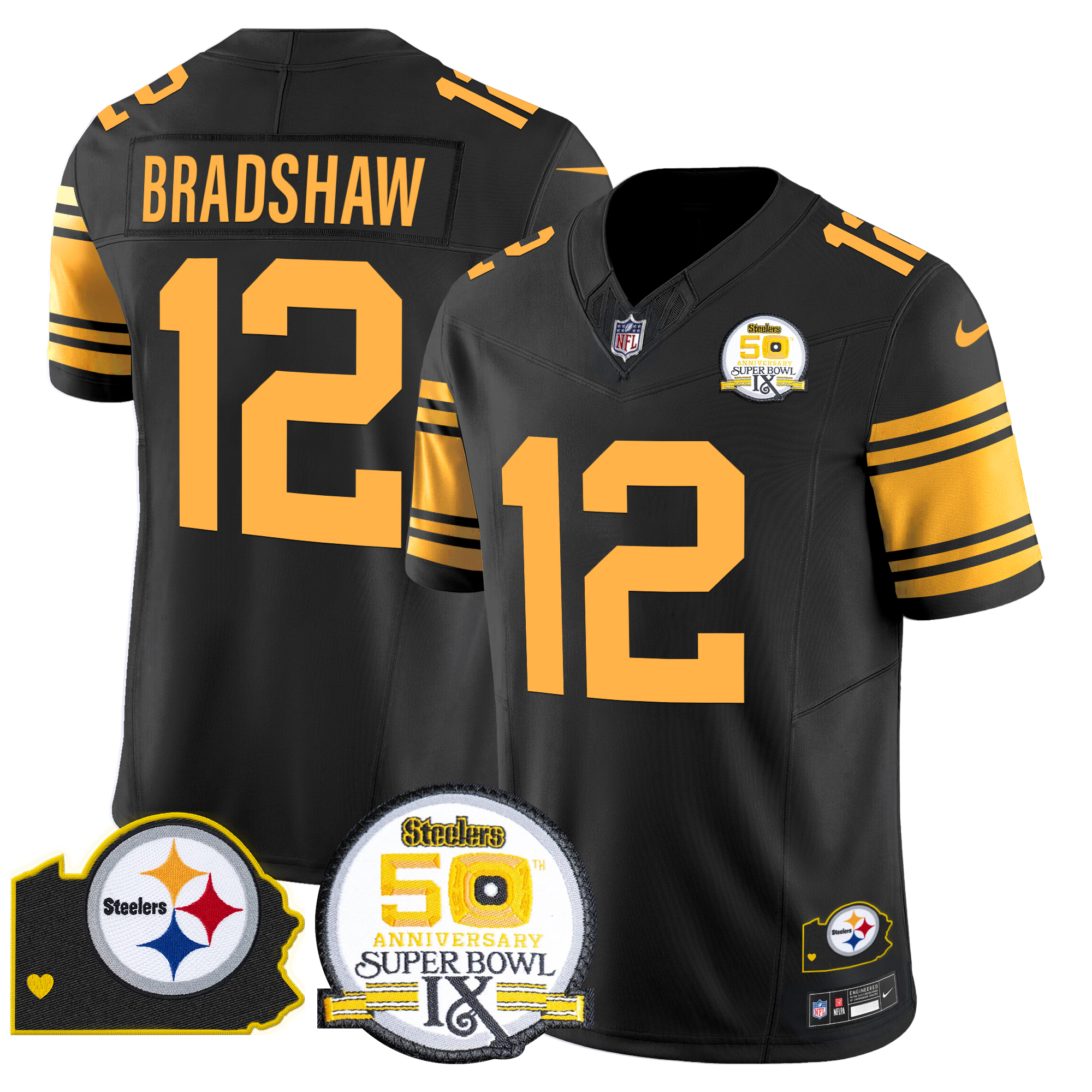 Terry Bradshaw Men's Pittsburgh Steelers 50th Anniversary Of Super Bowl IX & Map Patch Vapor Limited Color Rush Jersey - All Stitched