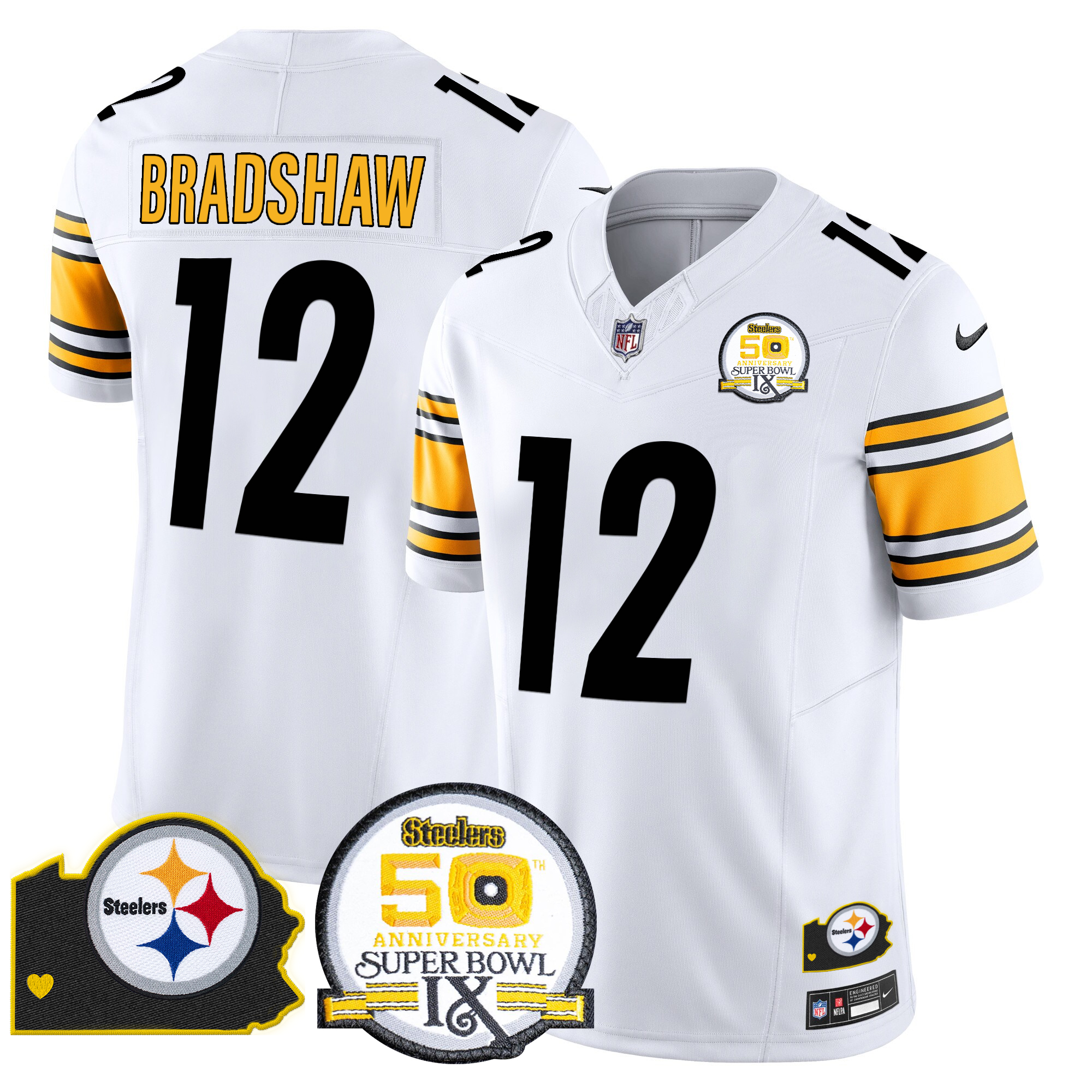 Terry Bradshaw Men's Pittsburgh Steelers 50th Anniversary Of Super Bowl IX & Map Patch Vapor Limited White Jersey - All Stitched