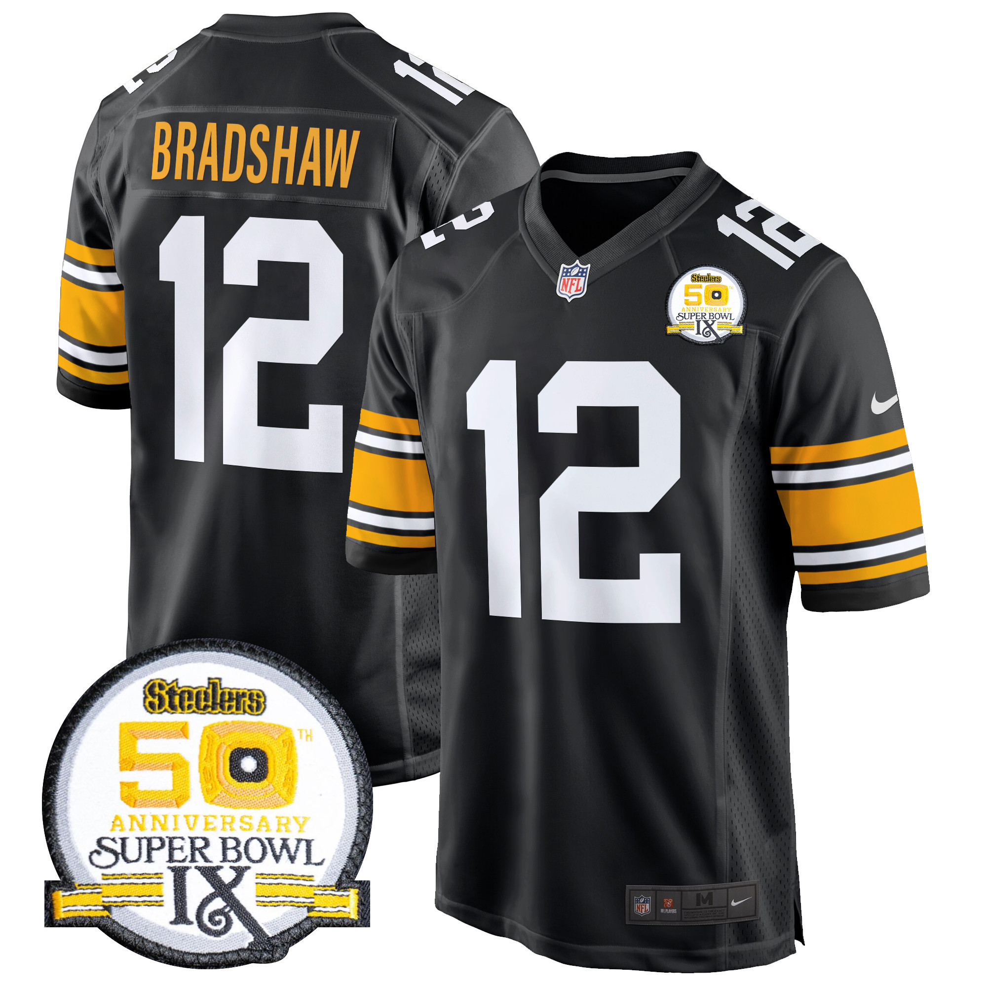 Terry Bradshaw Men's Pittsburgh Steelers 50th Anniversary Of Super Bowl IX Patch Game 1975 Throwback Jersey - All Stitched