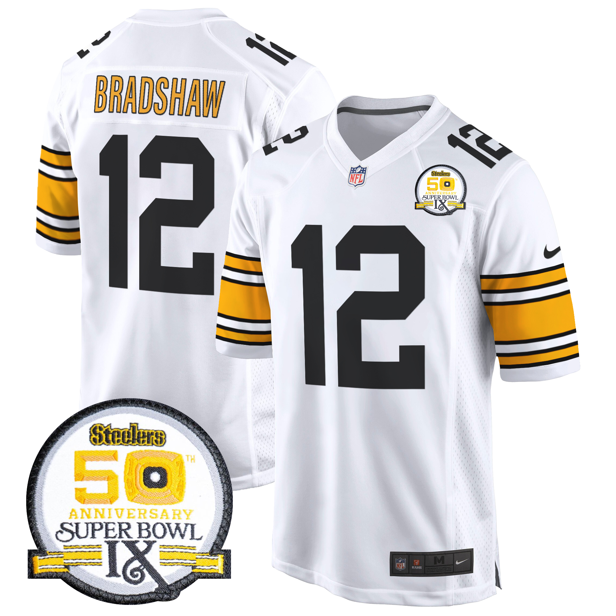 Terry Bradshaw Men's Pittsburgh Steelers 50th Anniversary Of Super Bowl IX Patch Game 1975 White Jersey - All Stitched