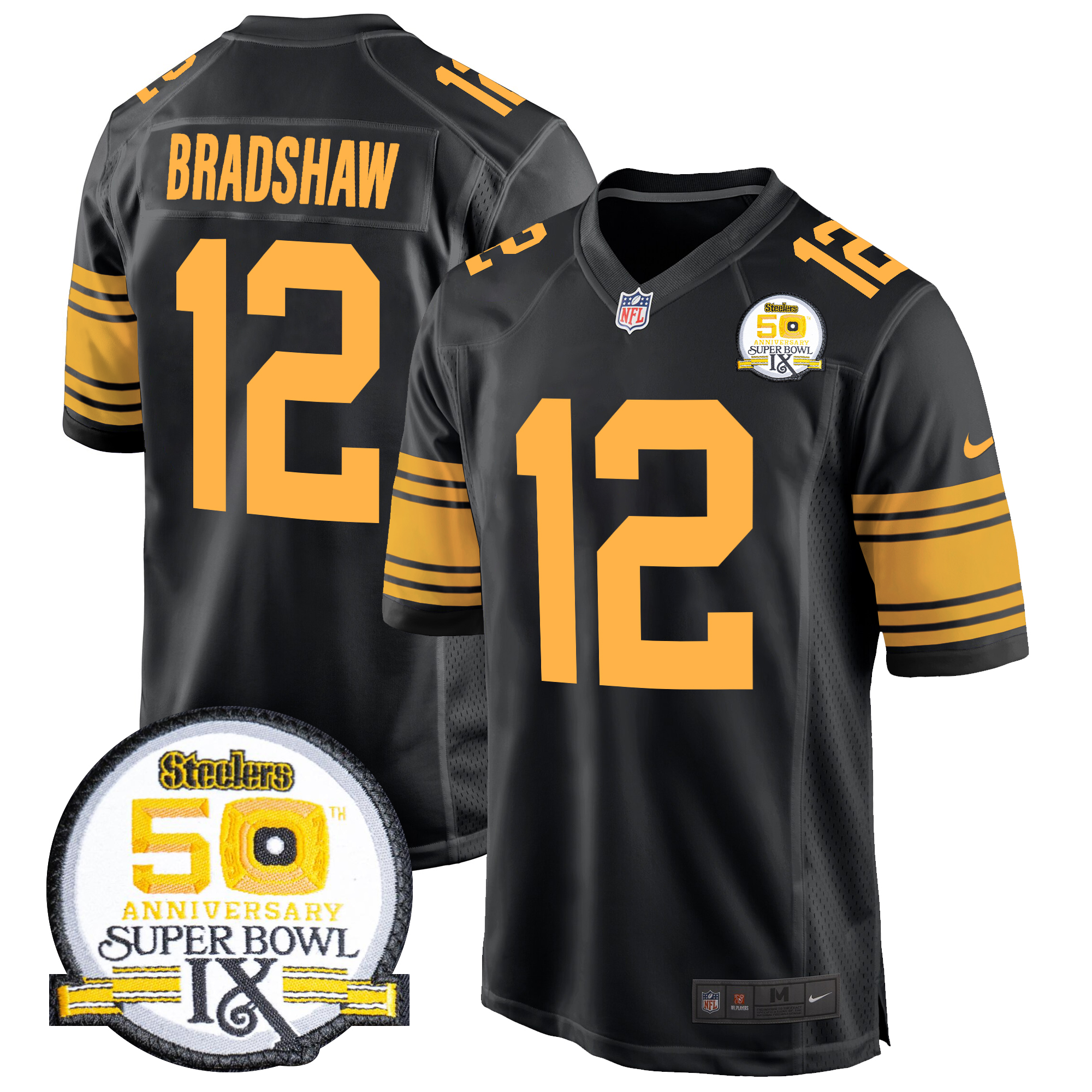 Terry Bradshaw Men's Pittsburgh Steelers 50th Anniversary Of Super Bowl IX Patch Game Color Rush Jersey - All Stitched