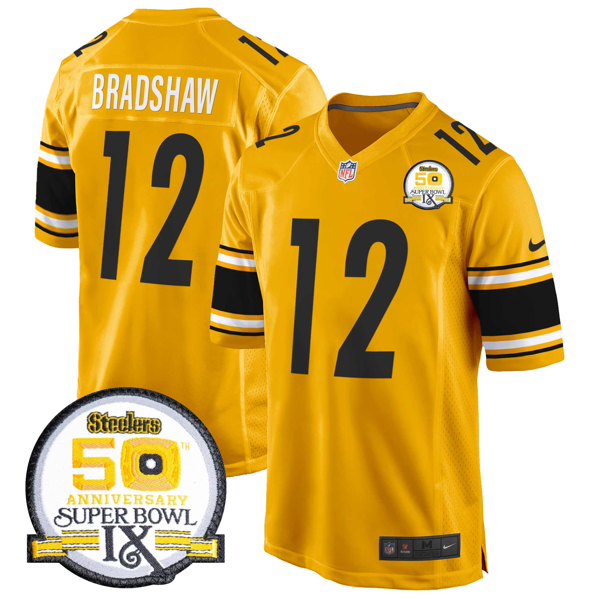 Terry Bradshaw Men's Pittsburgh Steelers 50th Anniversary Of Super Bowl IX Patch Game Gold Jersey - All Stitched