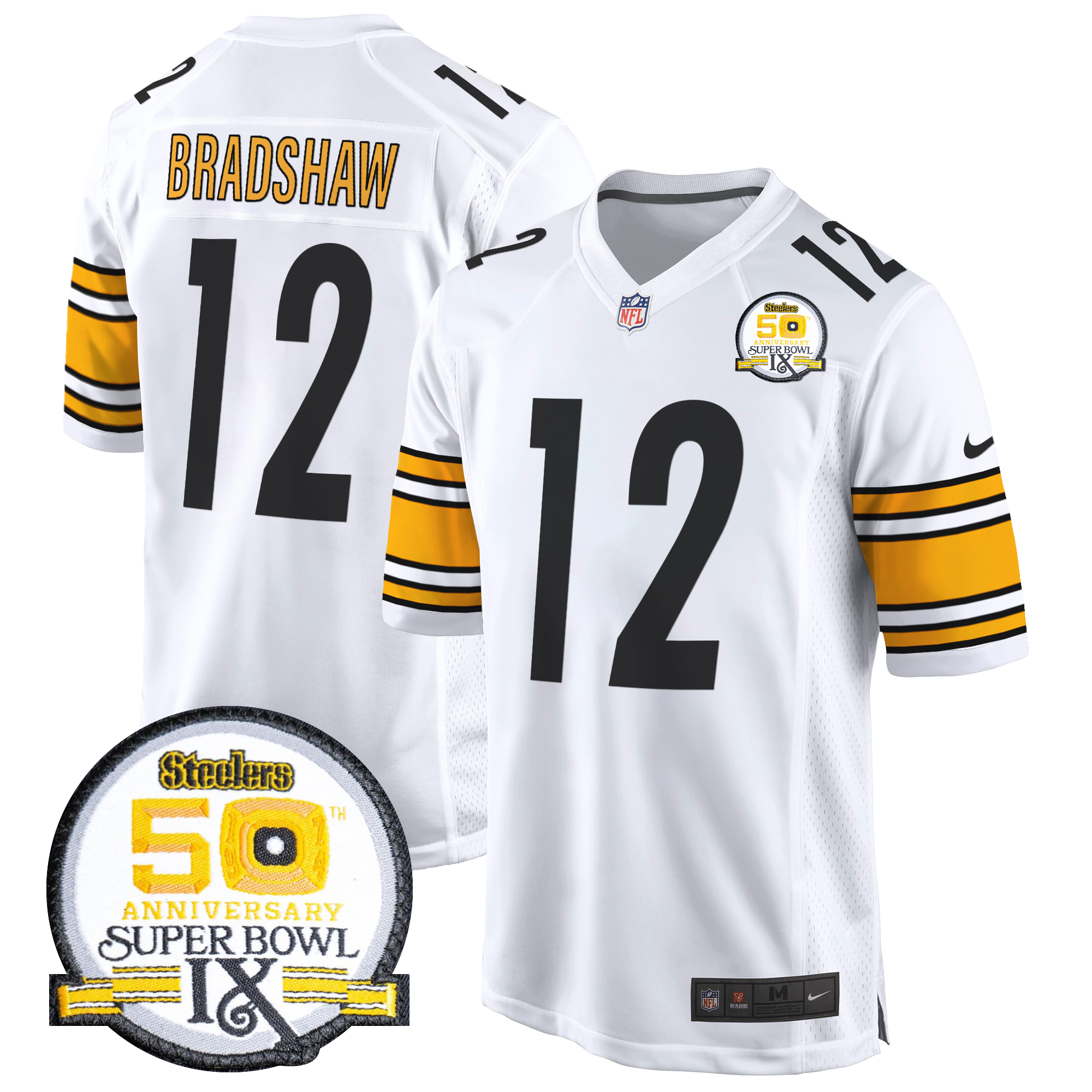 Terry Bradshaw Men's Pittsburgh Steelers 50th Anniversary Of Super Bowl IX Patch Game White Jersey - All Stitched