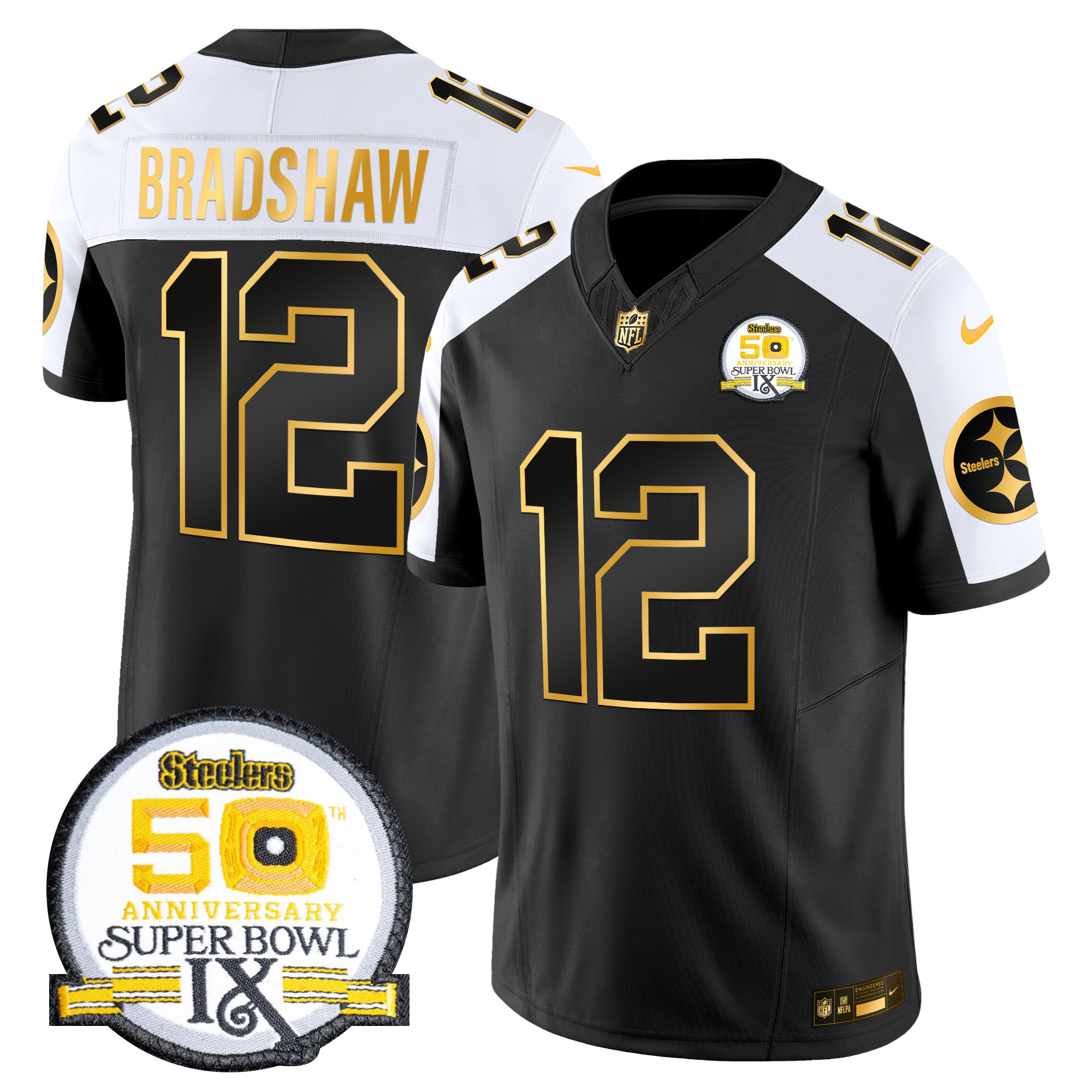 Terry Bradshaw Men's Pittsburgh Steelers 50th Anniversary of Super Bowl IX Patch Gold Vapor Limited Alternate Jersey - All Stitched