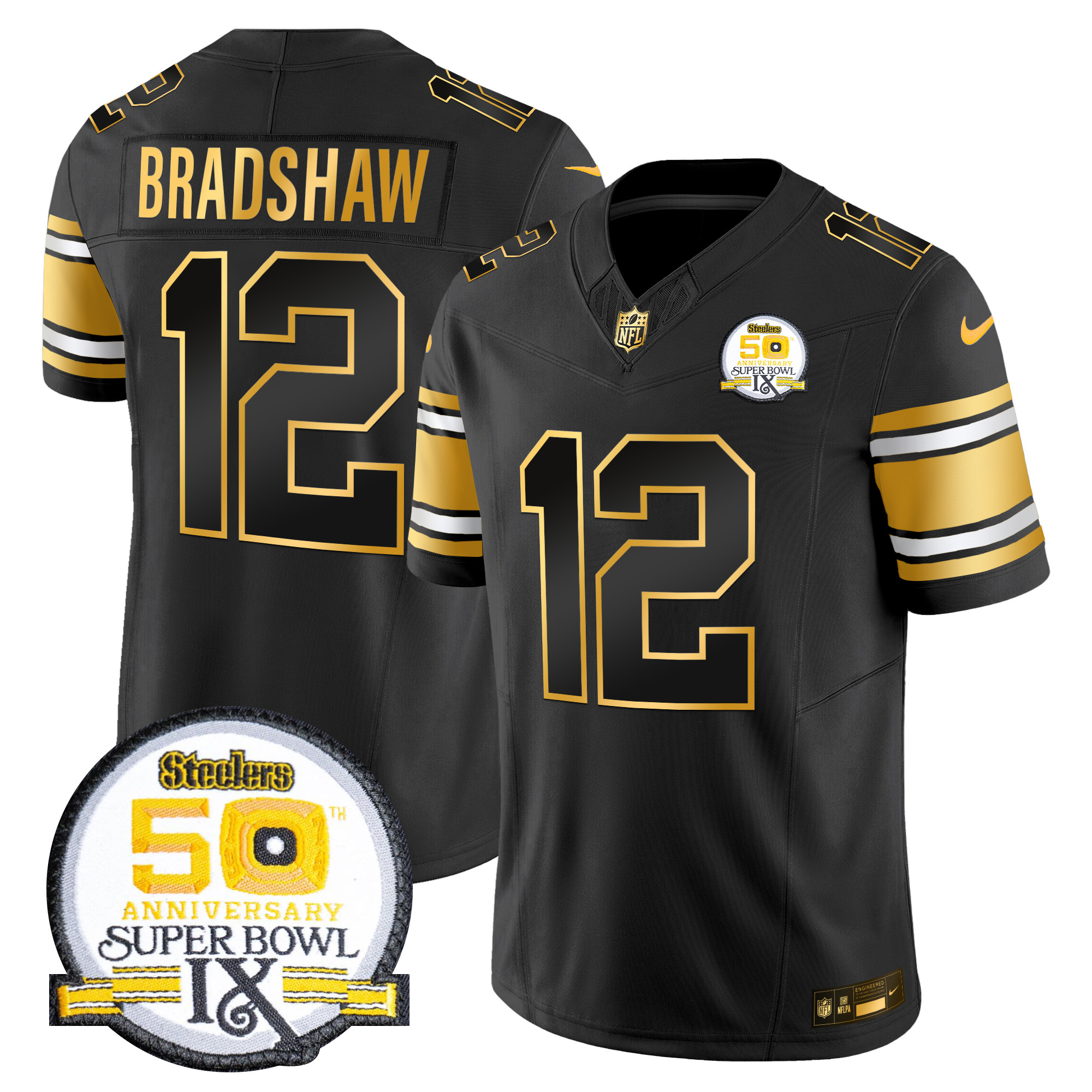 Terry Bradshaw Men's Pittsburgh Steelers 50th Anniversary of Super Bowl IX Patch Gold Vapor Limited Black Gold Jersey - All Stitched