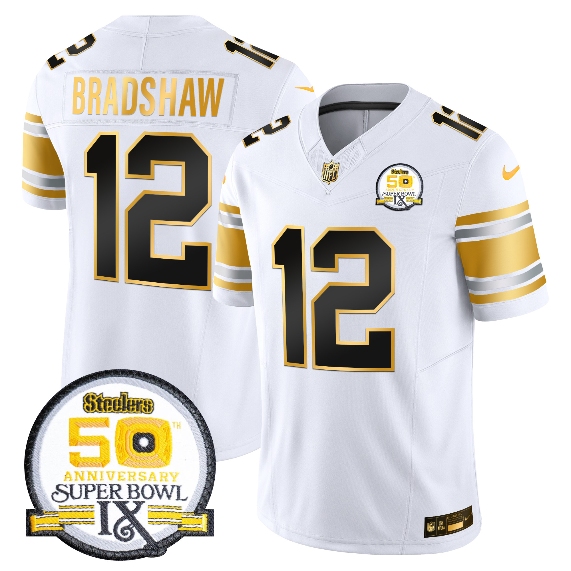 Terry Bradshaw Men's Pittsburgh Steelers 50th Anniversary of Super Bowl IX Patch Gold Vapor Limited White Gold Jersey - All Stitched