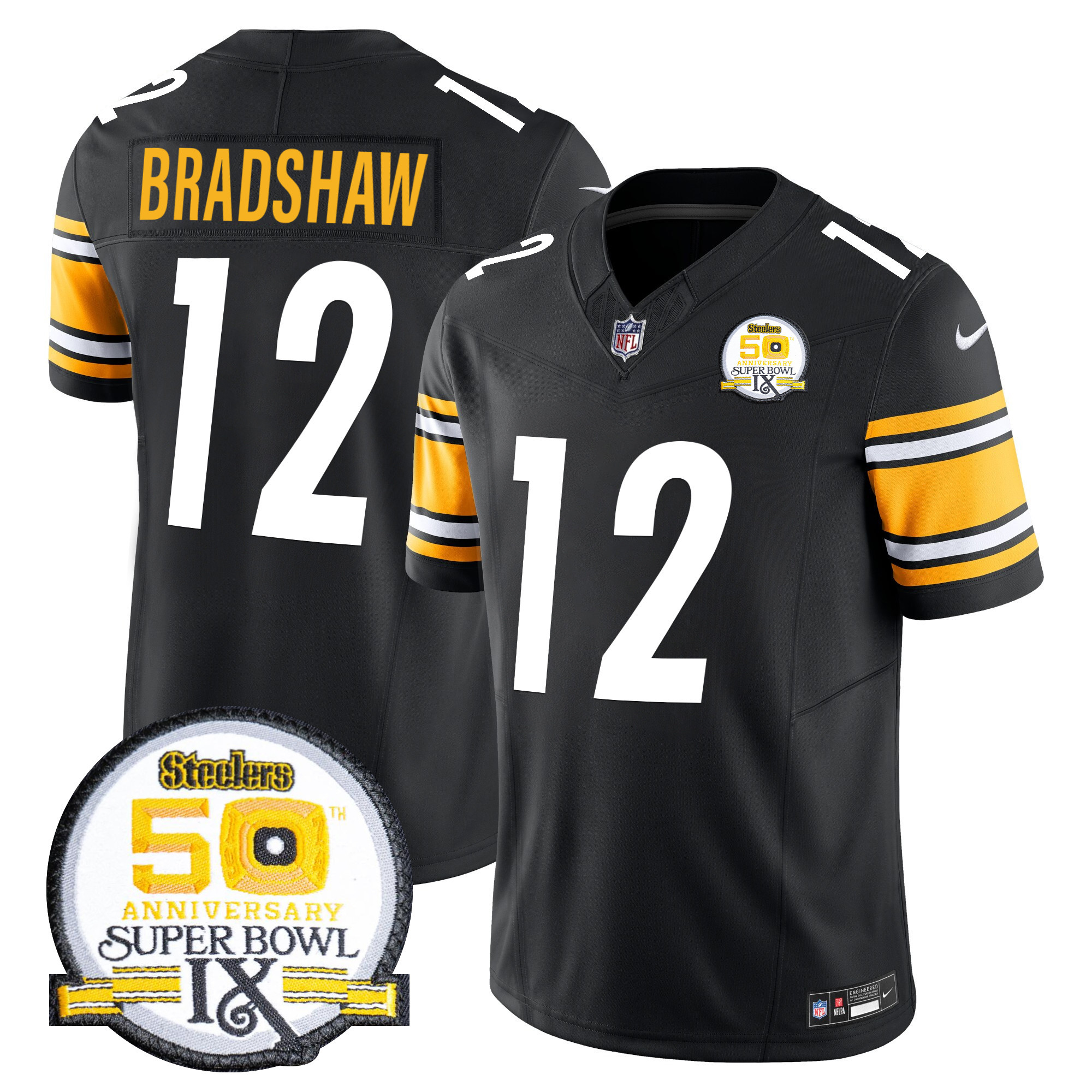 Terry Bradshaw Men's Pittsburgh Steelers 50th Anniversary Of Super Bowl IX Patch Vapor Limited Black Jersey - All Stitched