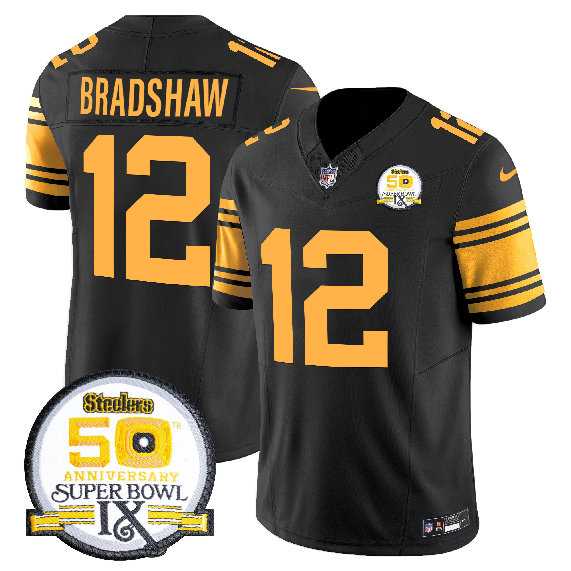 Terry Bradshaw Men's Pittsburgh Steelers 50th Anniversary Of Super Bowl IX Patch Vapor Limited Color Rush Jersey - All Stitched