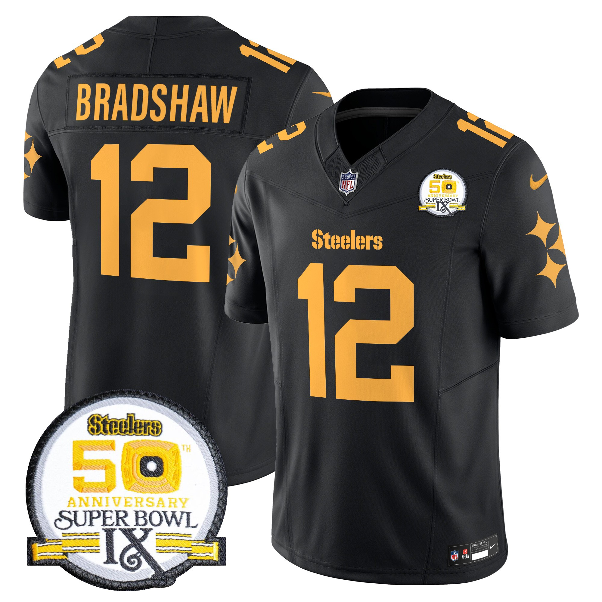 Terry Bradshaw Men's Pittsburgh Steelers 50th Anniversary Of Super Bowl IX Patch Vapor Limited Color Rush Jersey - All Stitched