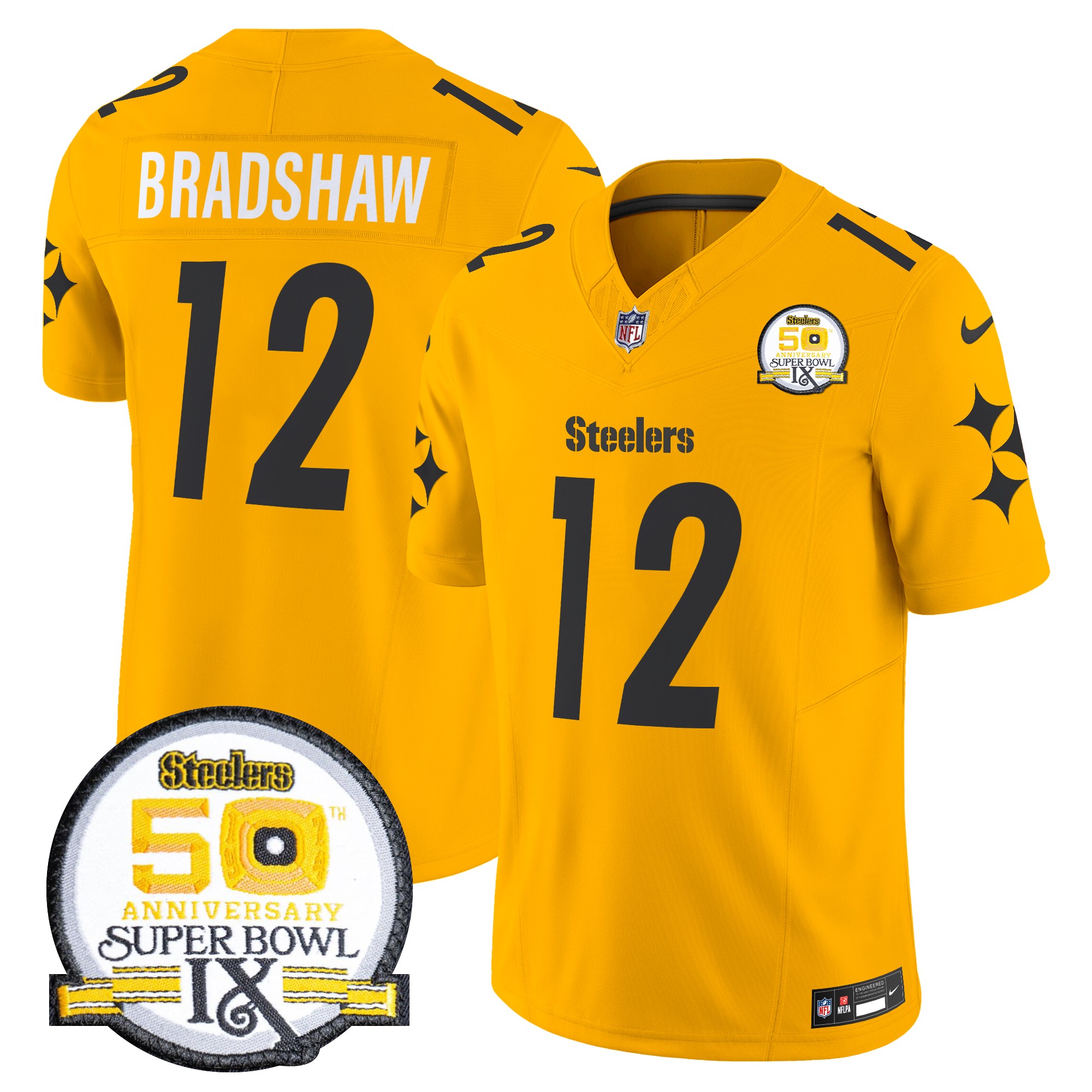 Terry Bradshaw Men's Pittsburgh Steelers 50th Anniversary Of Super Bowl IX Patch Vapor Limited Gold Jersey - All Stitched