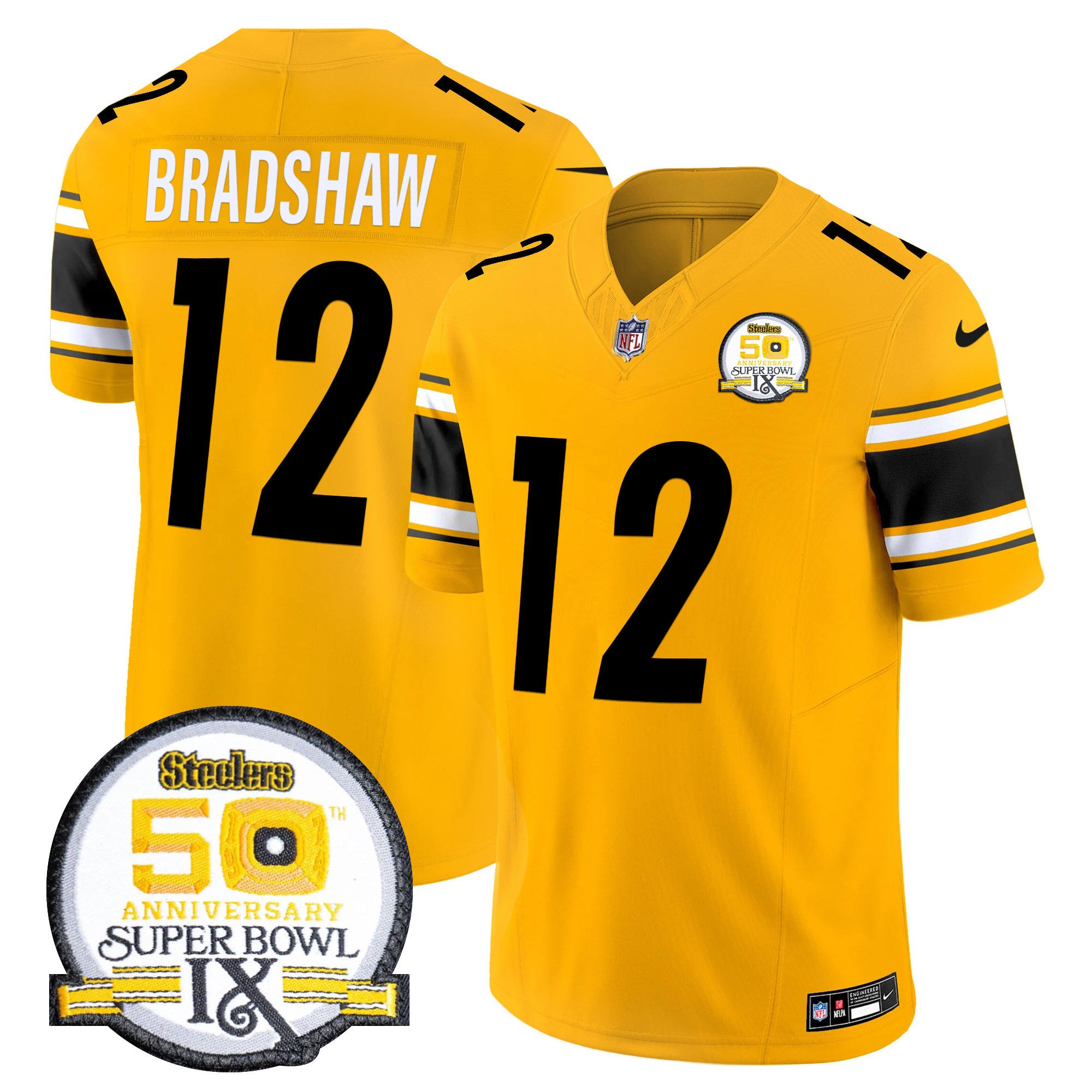 Terry Bradshaw Men's Pittsburgh Steelers 50th Anniversary Of Super Bowl IX Patch Vapor Limited Gold Jersey - All Stitched