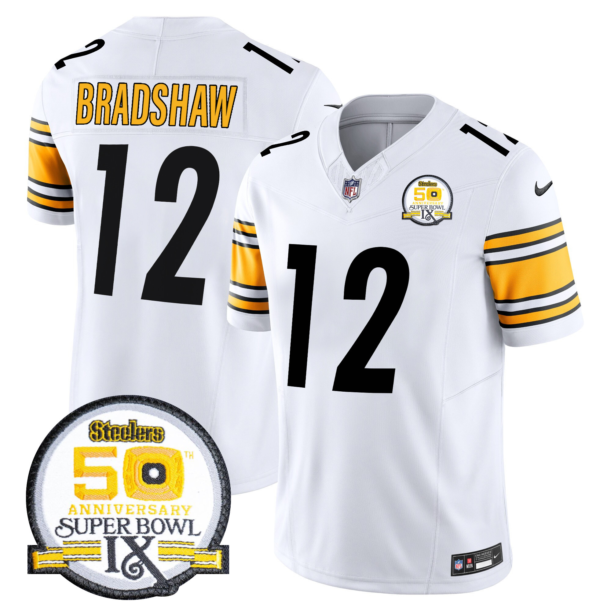 Terry Bradshaw Men's Pittsburgh Steelers 50th Anniversary Of Super Bowl IX Patch Vapor Limited White Jersey - All Stitched