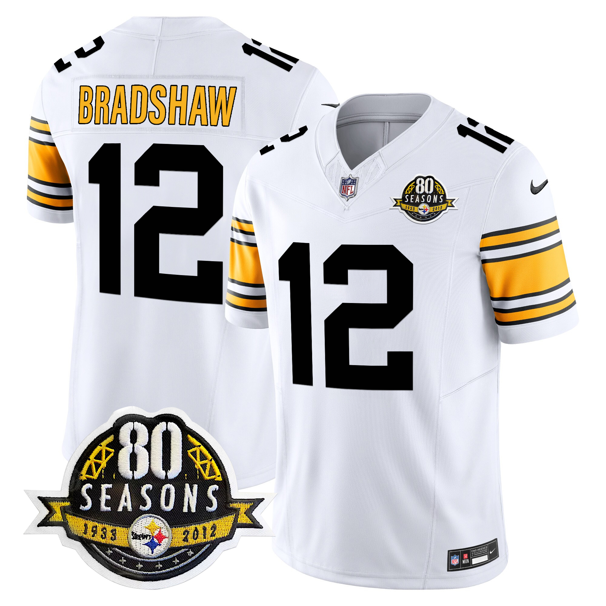 Terry Bradshaw Men's Pittsburgh Steelers 80th Anniversary Patch Vapor Limited 1975 White Jersey - All Stitched