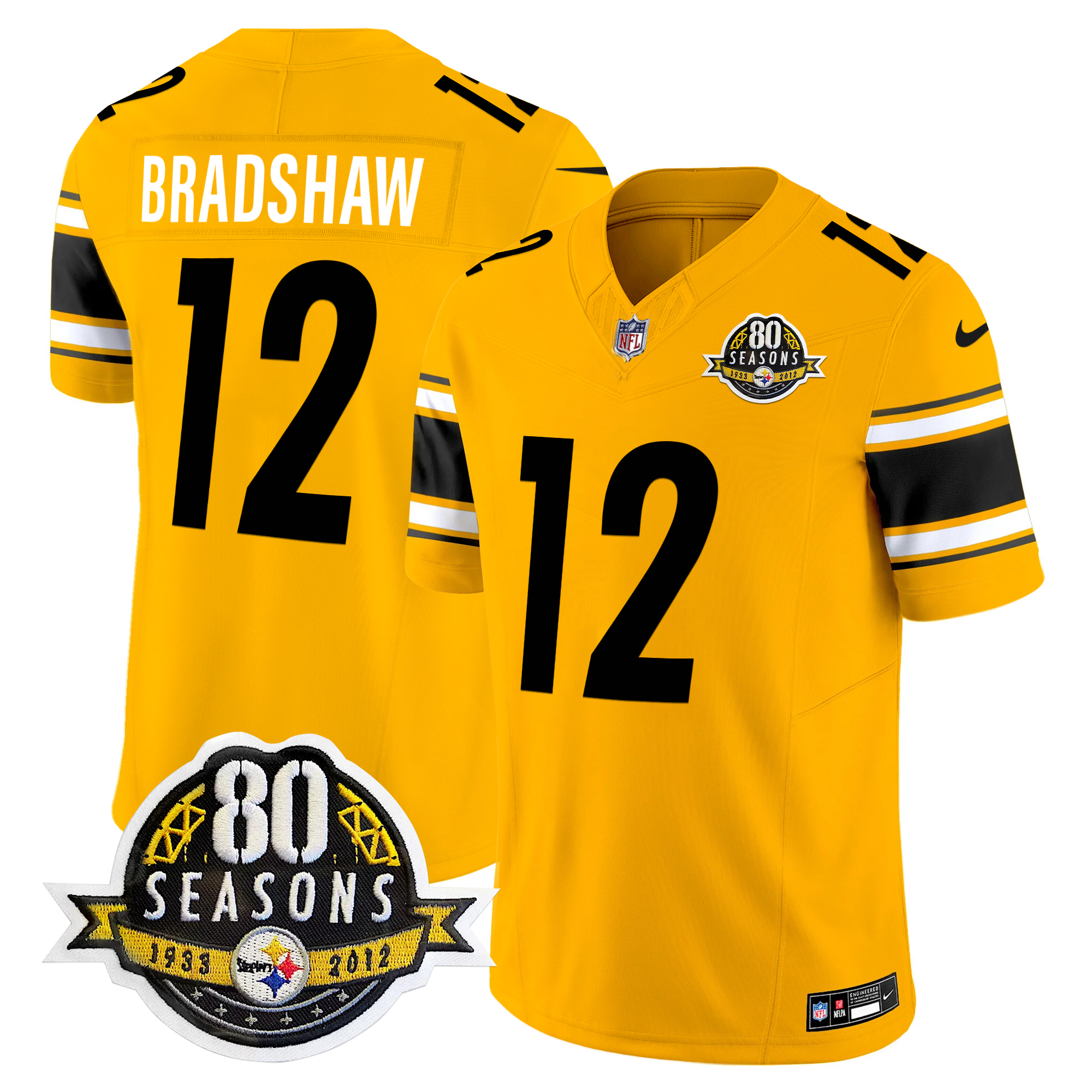 Terry Bradshaw Men's Pittsburgh Steelers 80th Anniversary Patch Vapor Limited Gold Jersey - All Stitched