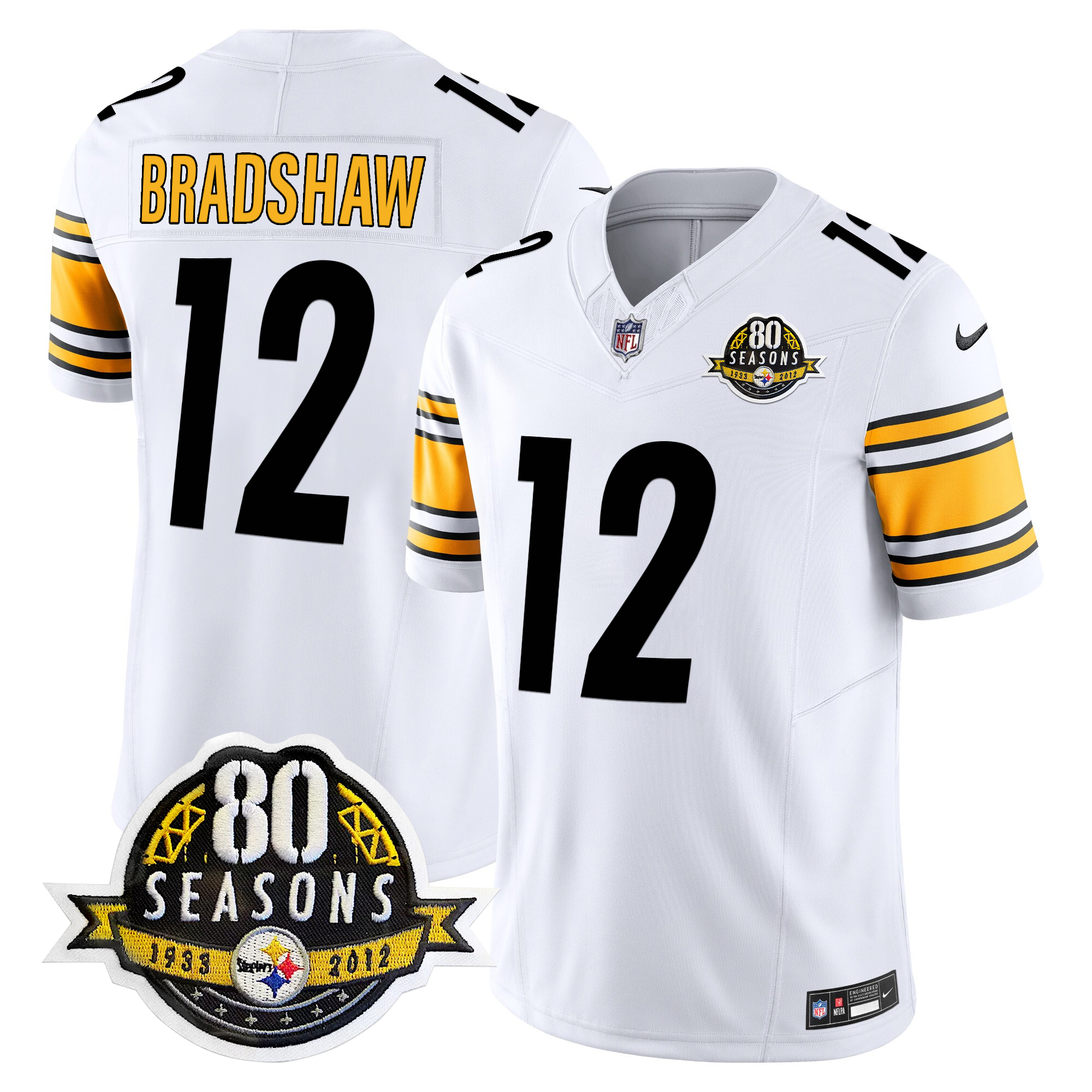 Terry Bradshaw Men's Pittsburgh Steelers 80th Anniversary Patch Vapor Limited White Jersey - All Stitched