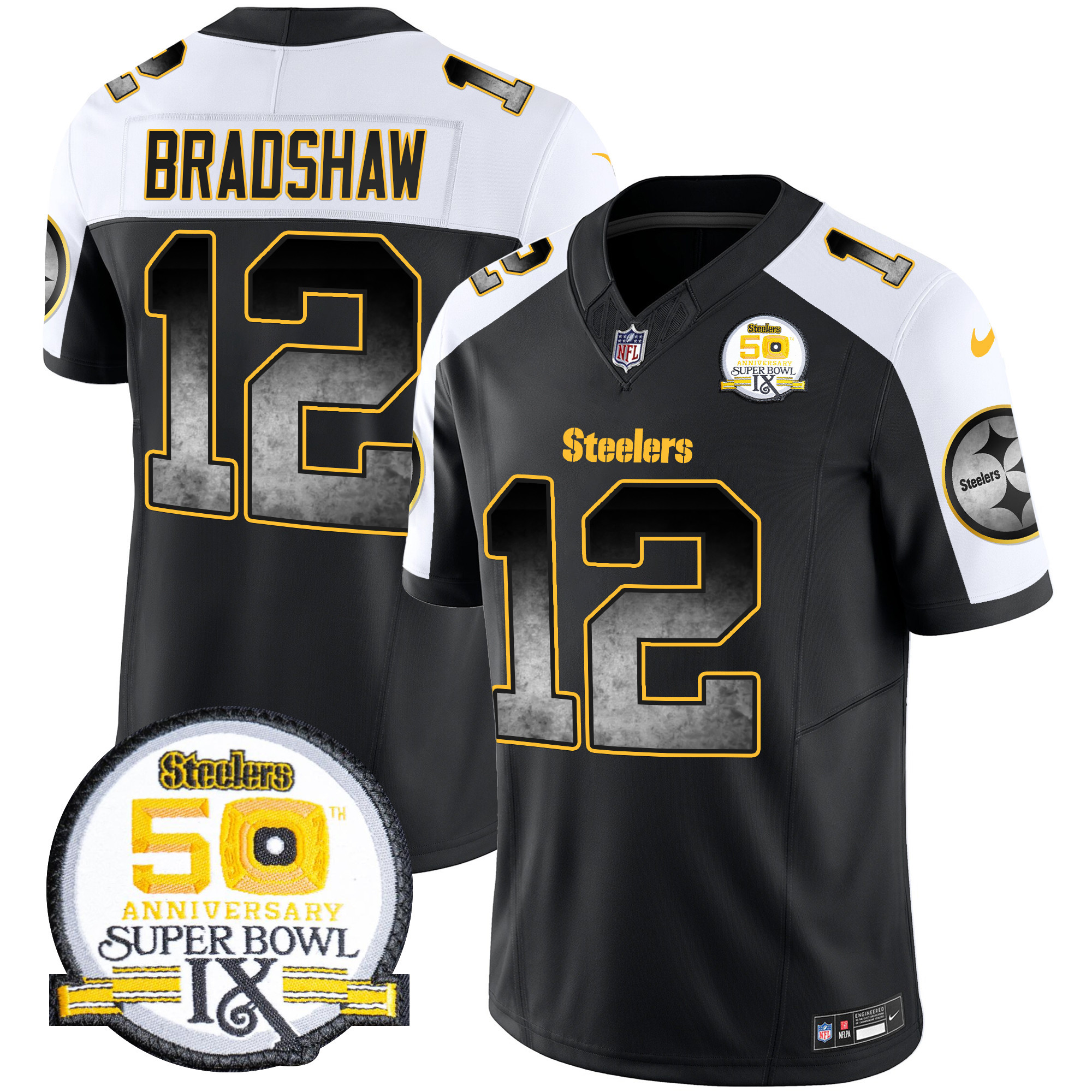 Terry Bradshaw Men's Pittsburgh Steelers Arch Smoke 50th Anniversary Of Super Bowl IX Patch Vapor Limited Alternate Jersey - All Stitched