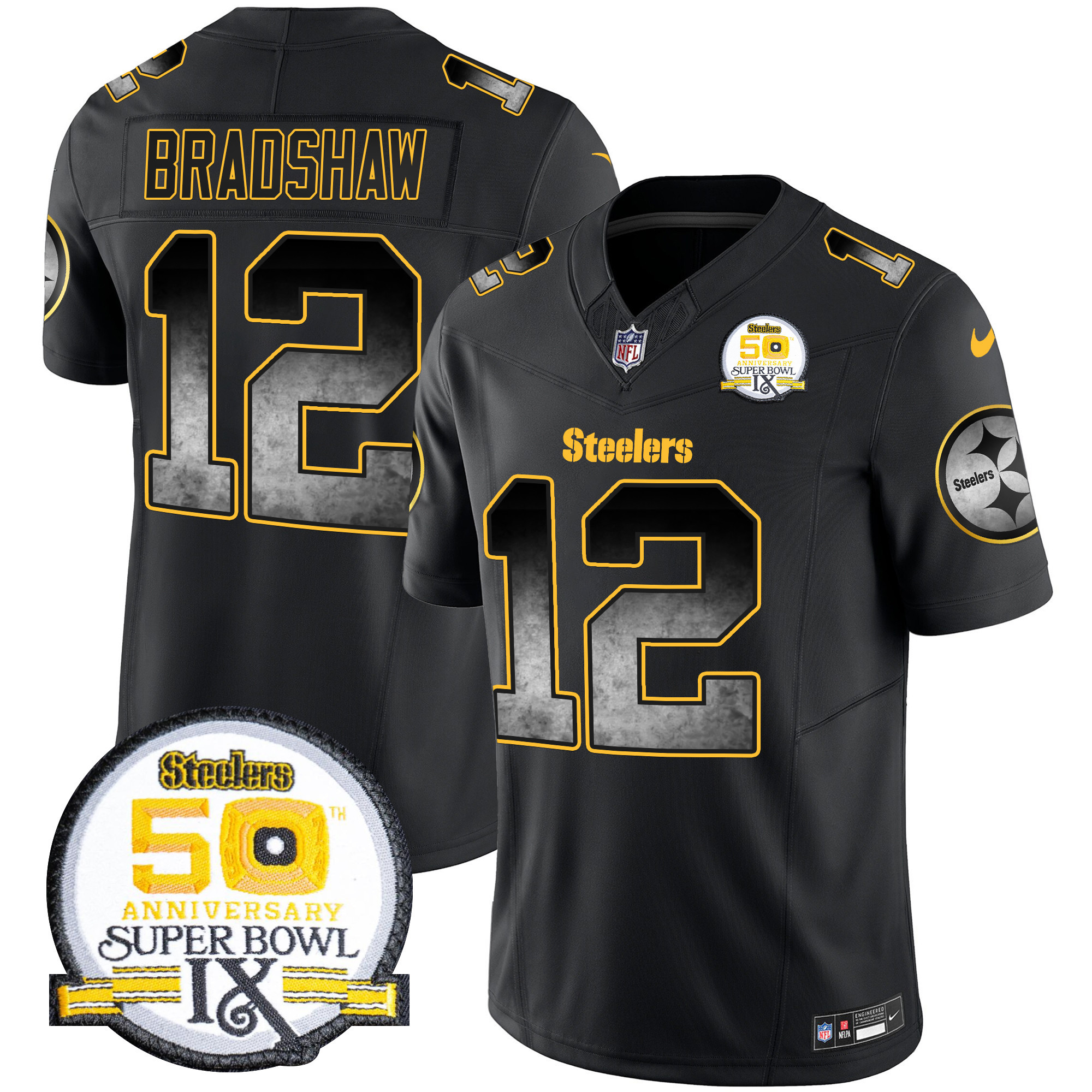 Terry Bradshaw Men's Pittsburgh Steelers Arch Smoke 50th Anniversary Of Super Bowl IX Patch Vapor Limited Black Jersey - All Stitched