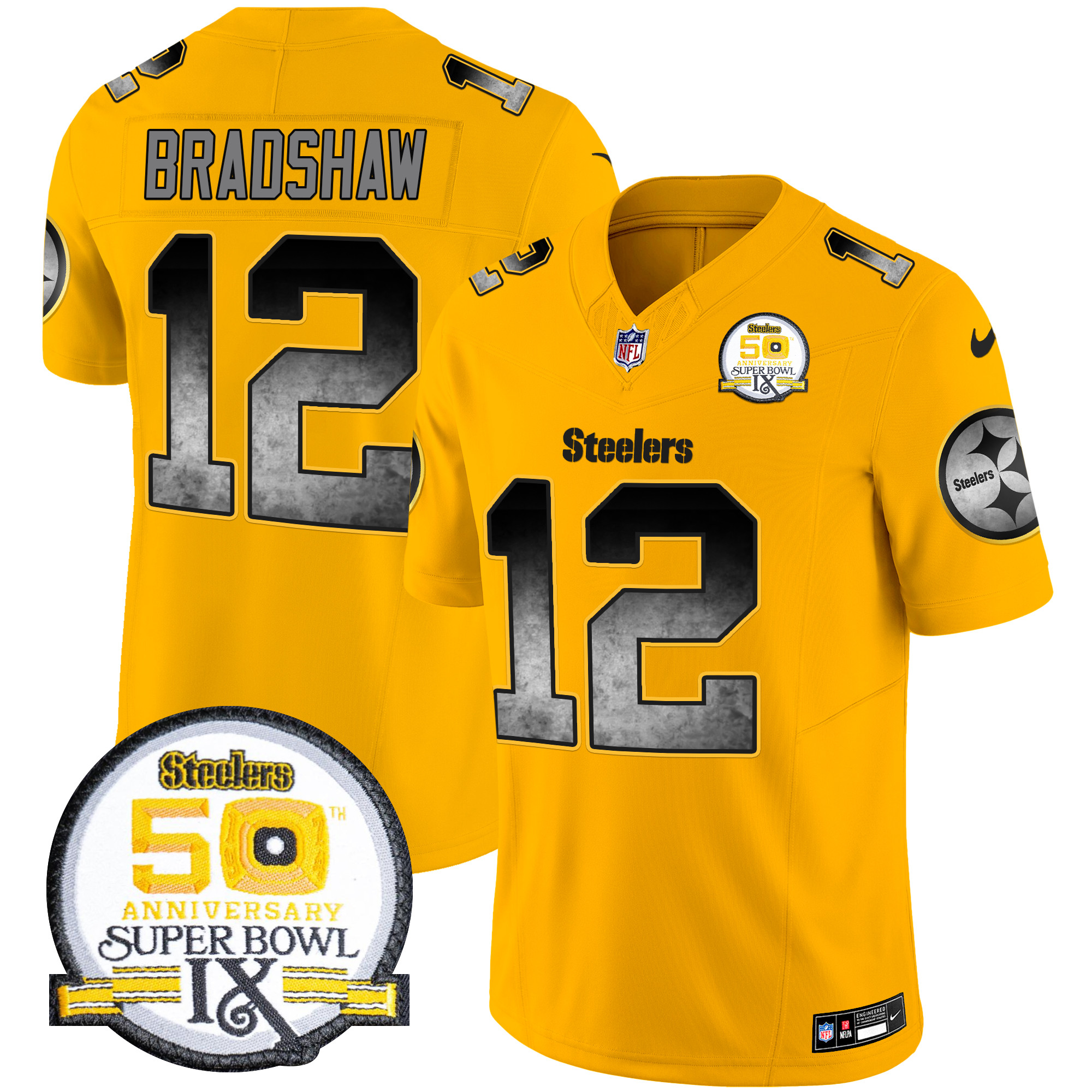 Terry Bradshaw Men's Pittsburgh Steelers Arch Smoke 50th Anniversary Of Super Bowl IX Patch Vapor Limited Gold Jersey - All Stitched