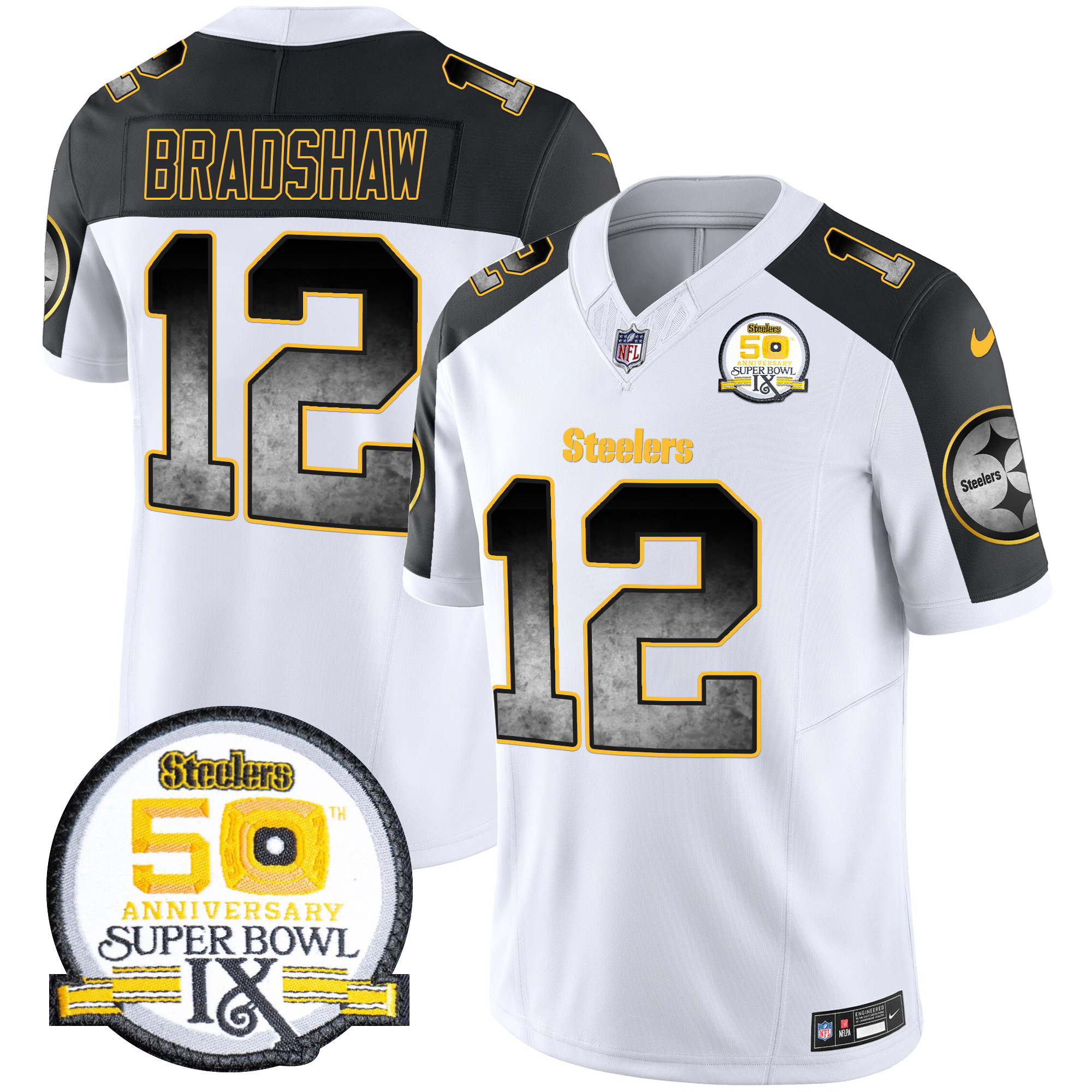 Terry Bradshaw Men's Pittsburgh Steelers Arch Smoke 50th Anniversary Of Super Bowl IX Patch Vapor Limited Inverted Jersey - All Stitched
