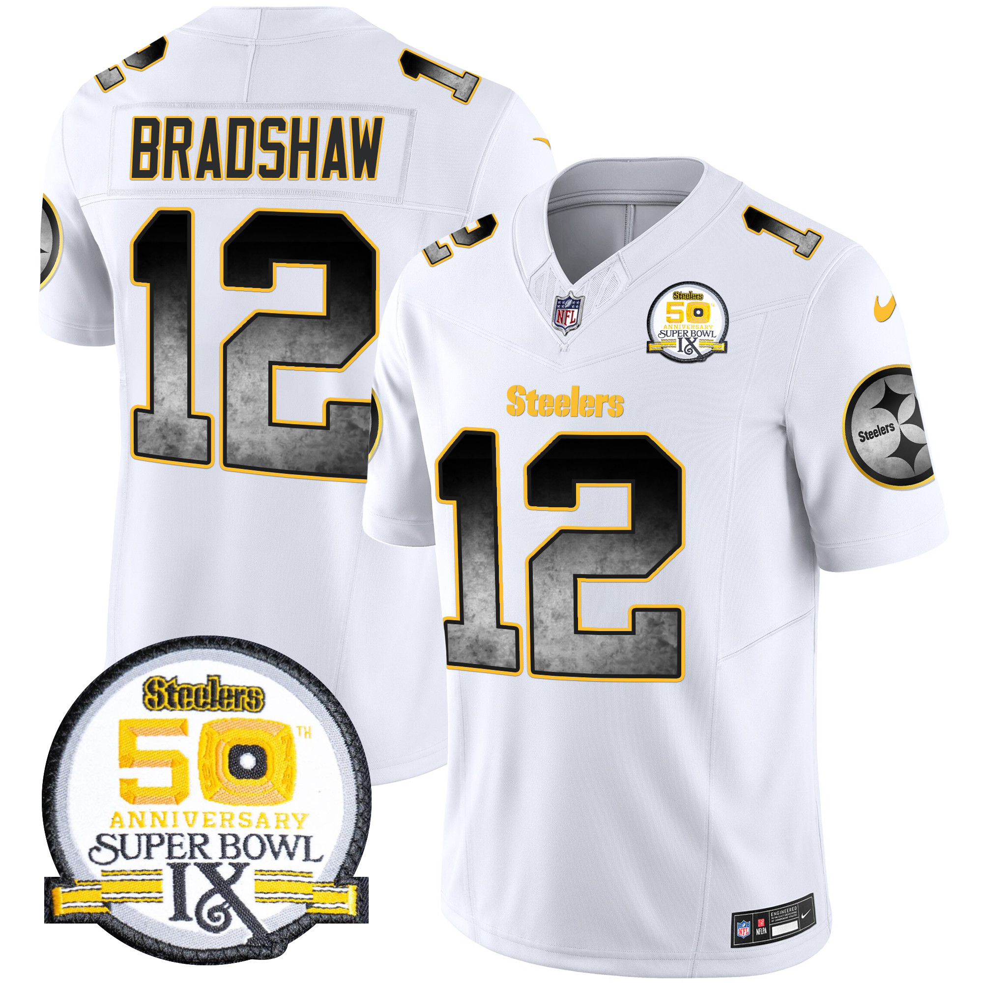 Terry Bradshaw Men's Pittsburgh Steelers Arch Smoke 50th Anniversary Of Super Bowl IX Patch Vapor Limited White Jersey - All Stitched