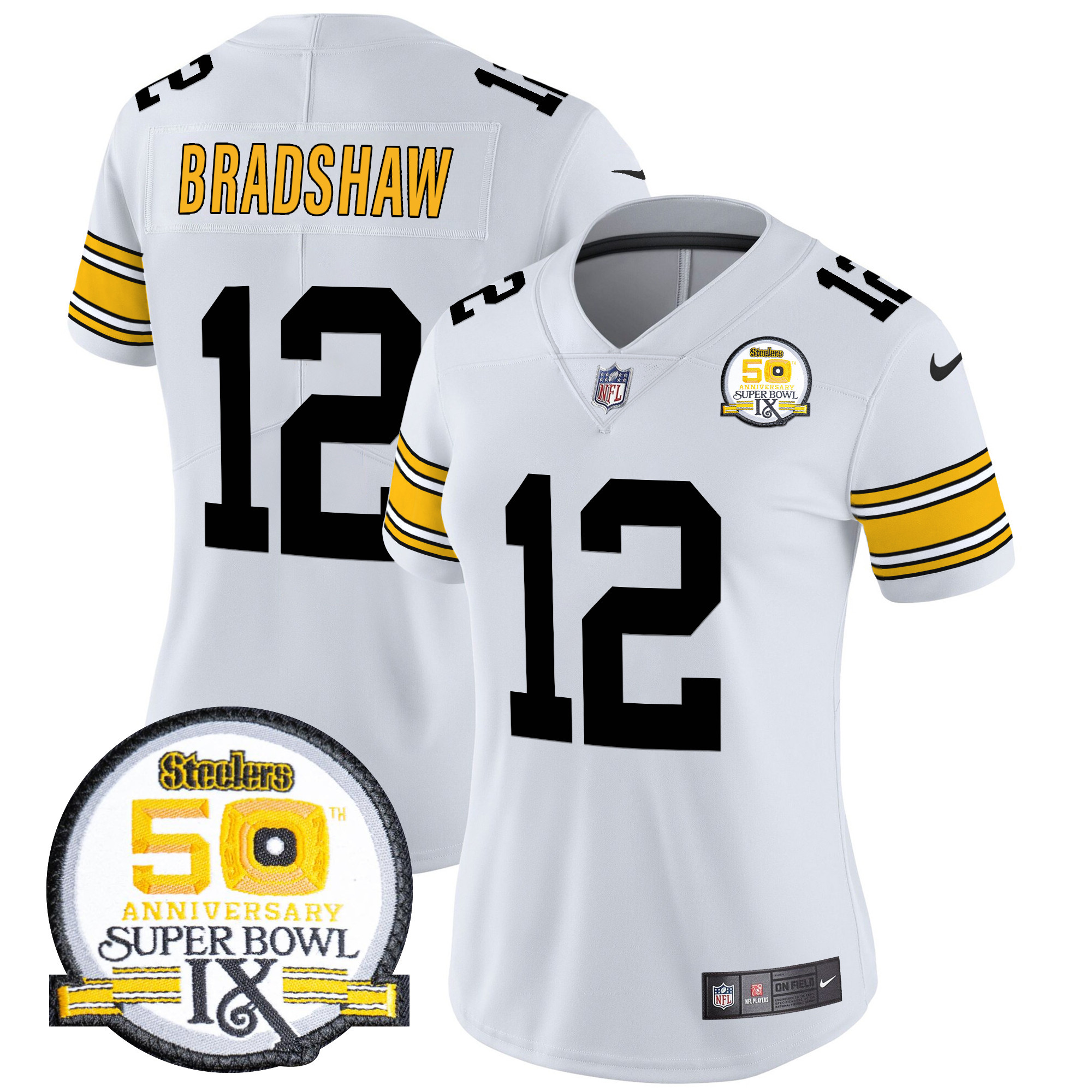 Terry Bradshaw Women's Pittsburgh Steelers 50th Anniversary Of Super Bowl IX Patch Vapor Limited 1975 White Jersey - All Stitched