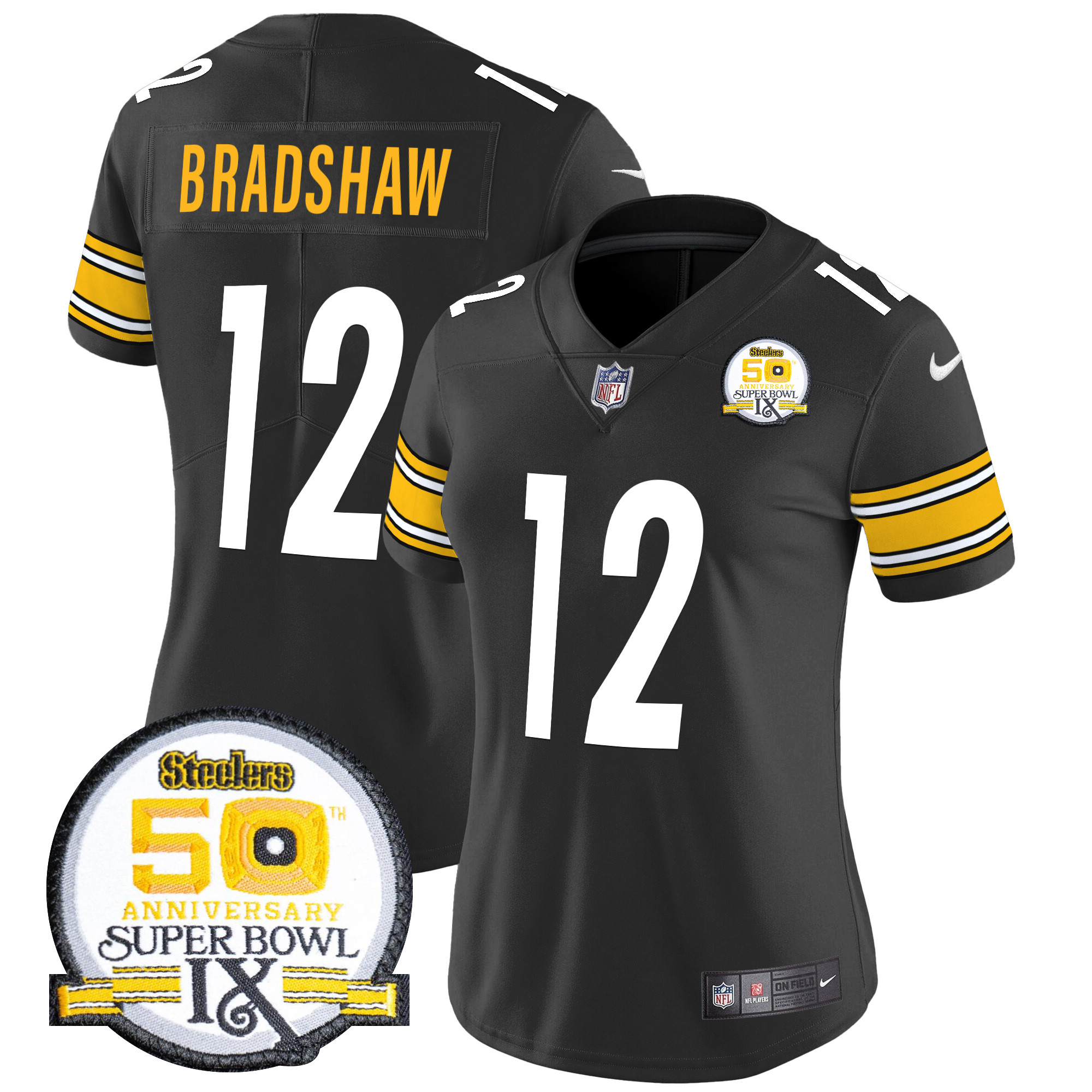 Terry Bradshaw Women's Pittsburgh Steelers 50th Anniversary Of Super Bowl IX Patch Vapor Limited Black Jersey - All Stitched