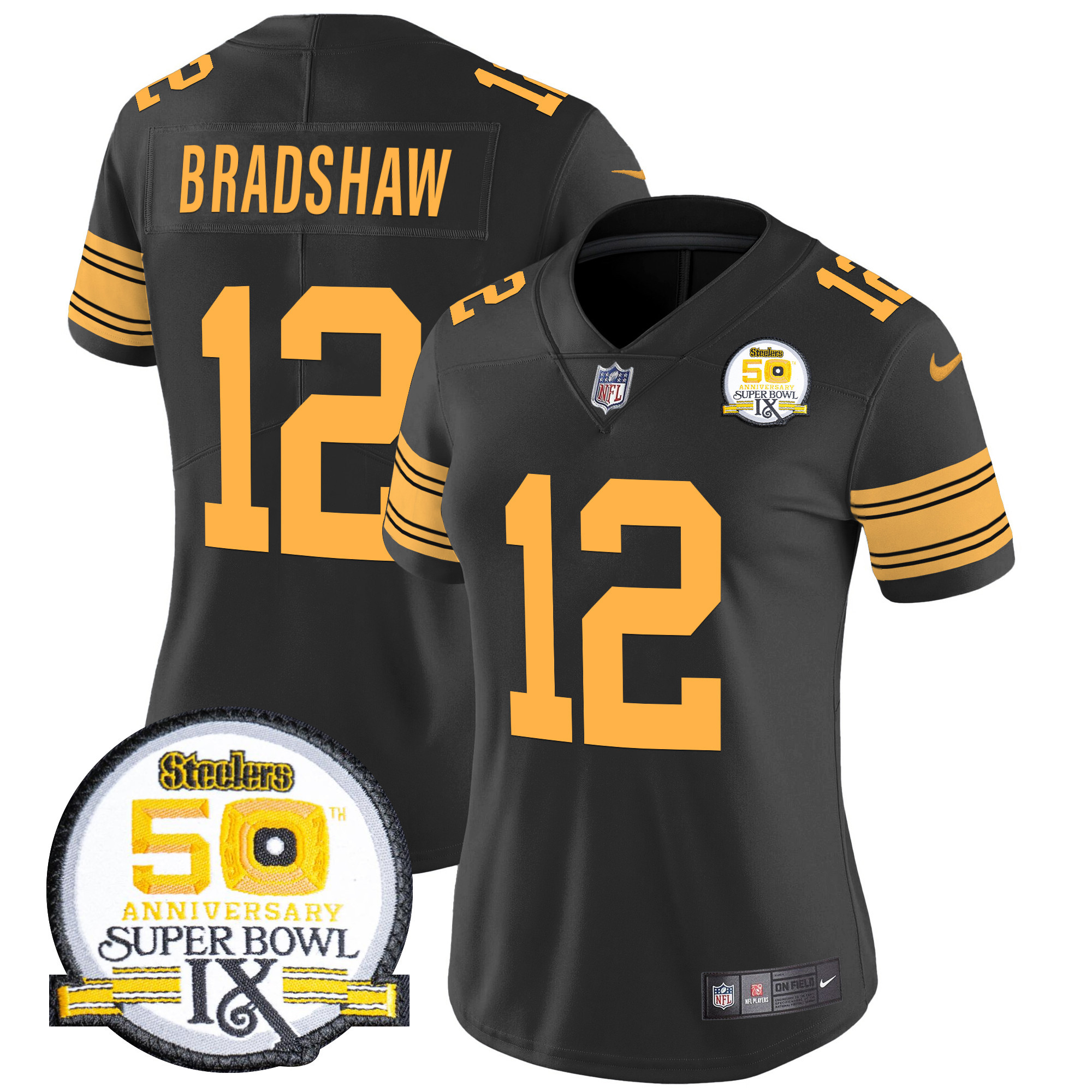 Terry Bradshaw Women's Pittsburgh Steelers 50th Anniversary Of Super Bowl IX Patch Vapor Limited Color Rush Jersey - All Stitched