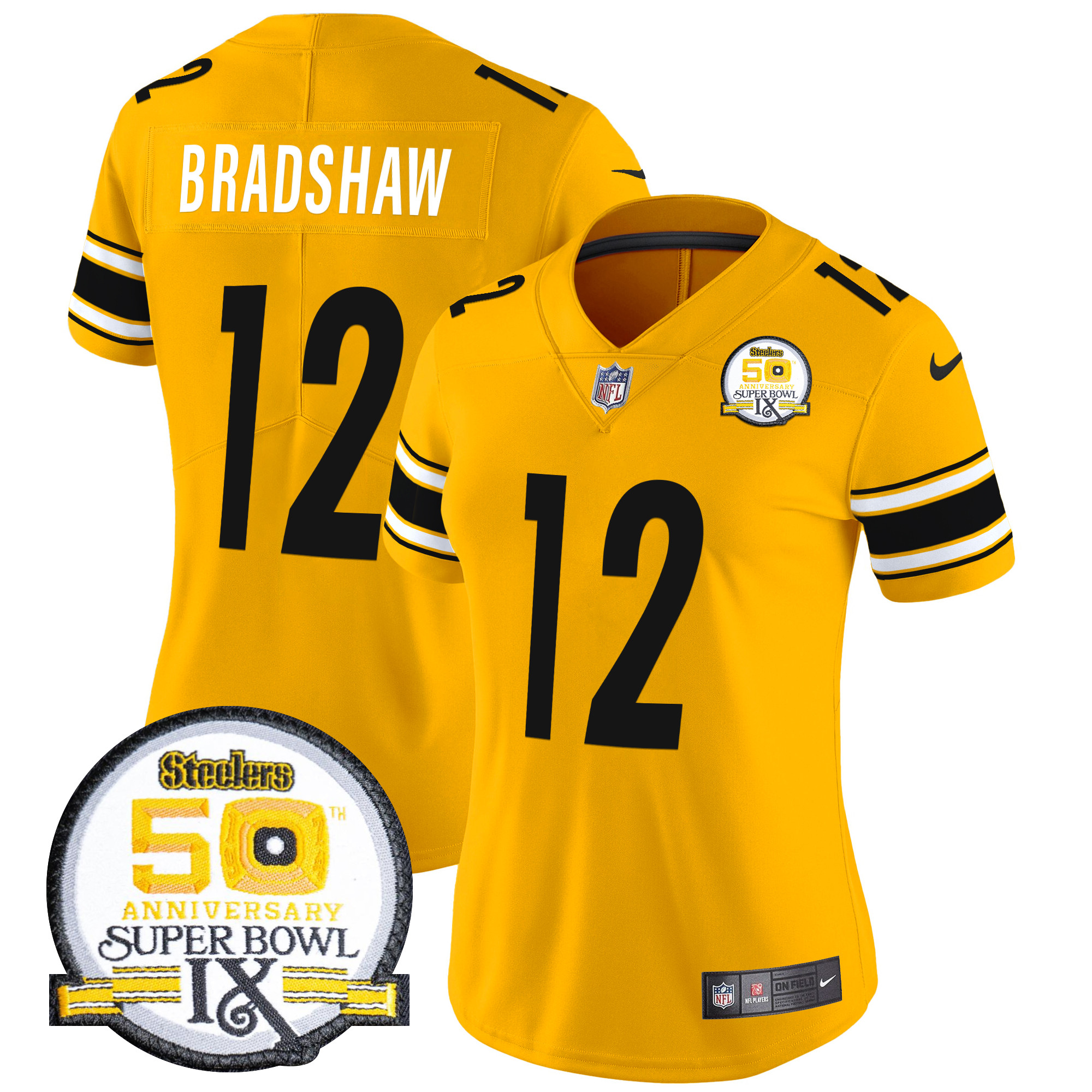 Terry Bradshaw Women's Pittsburgh Steelers 50th Anniversary Of Super Bowl IX Patch Vapor Limited Gold Jersey - All Stitched