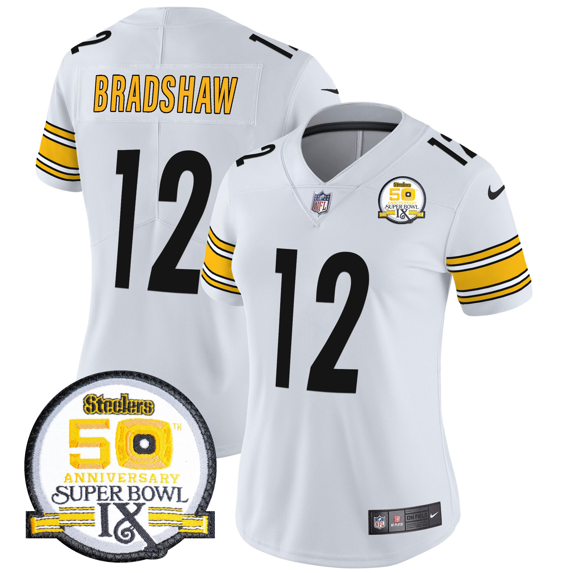 Terry Bradshaw Women's Pittsburgh Steelers 50th Anniversary Of Super Bowl IX Patch Vapor Limited White Jersey - All Stitched