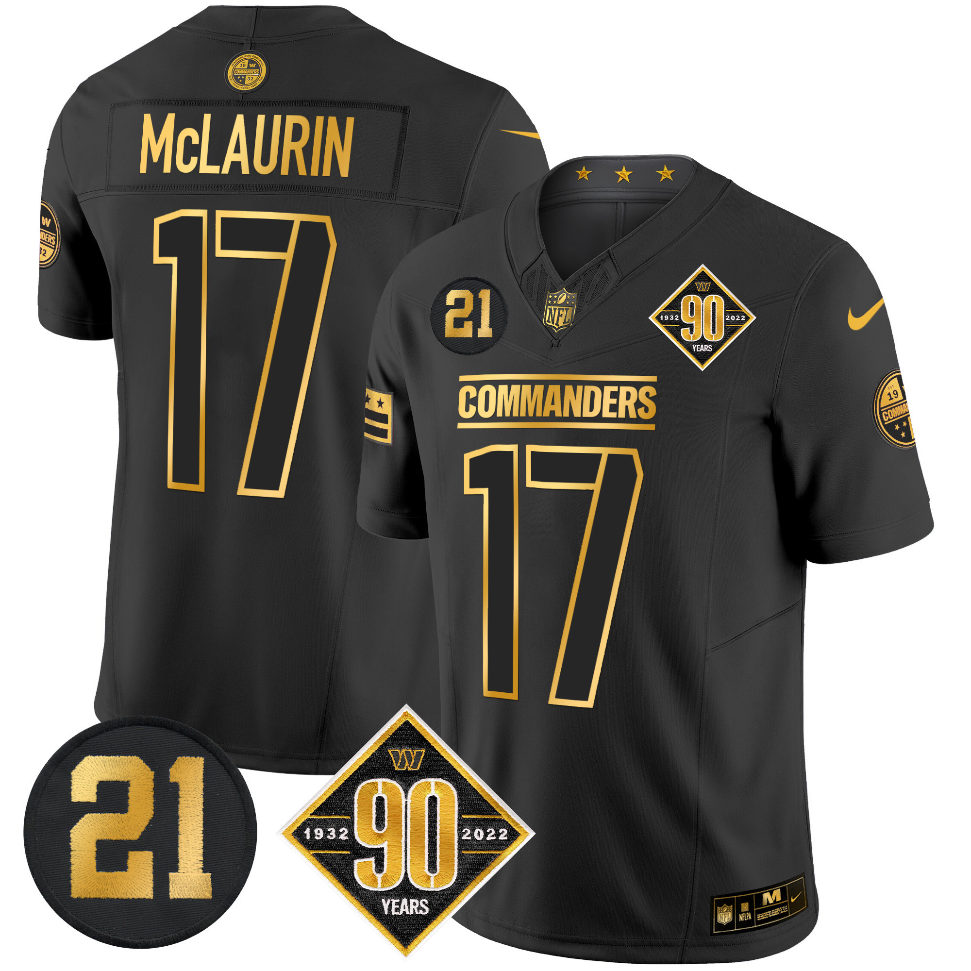 Terry McLaurin Men's Washington Commanders 90th & Sean Taylor Patch Gold Vapor Limited Black Gold Jersey - All Stitched