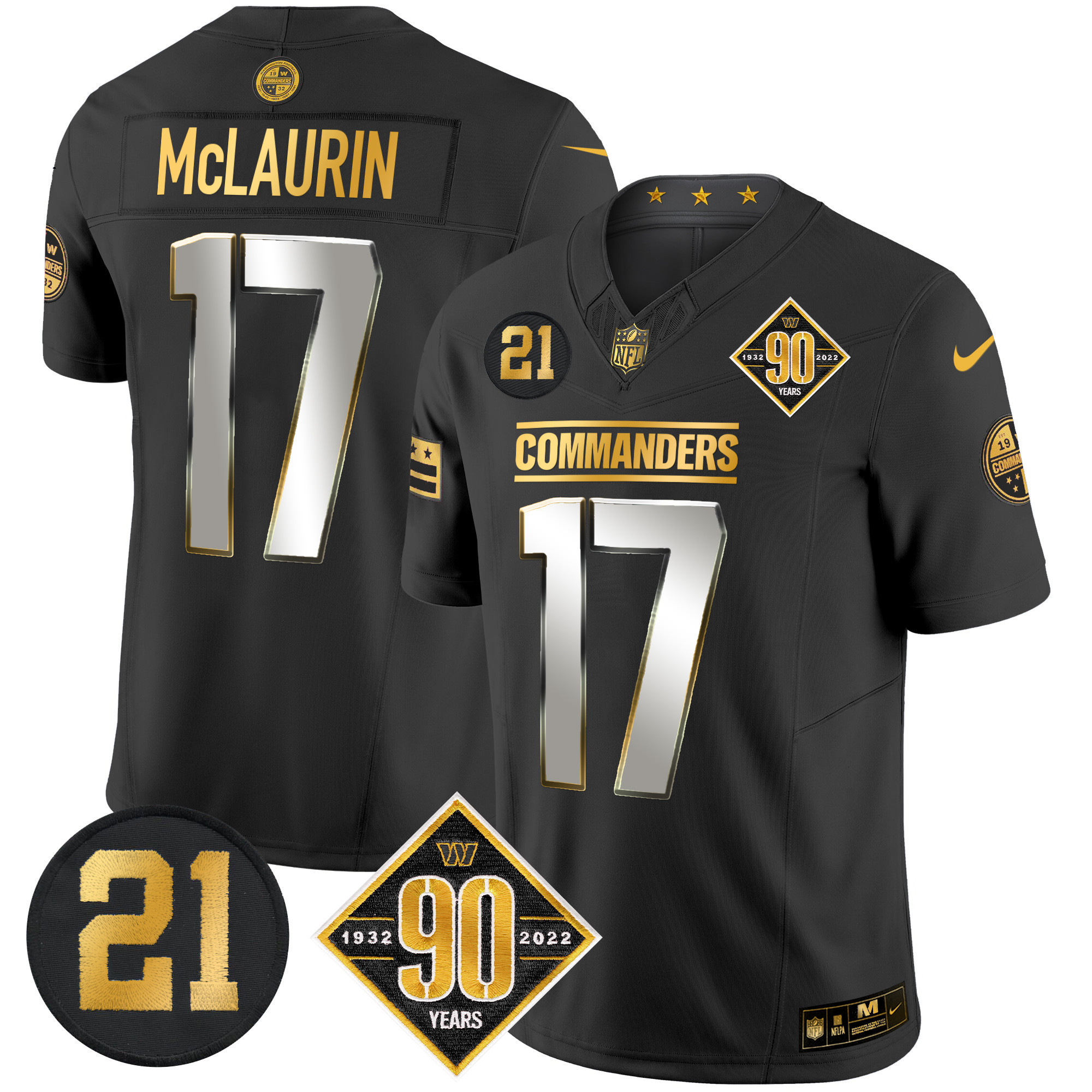 Terry McLaurin Men's Washington Commanders 90th & Sean Taylor Patch Gold Vapor Limited Black Limited Jersey - All Stitched