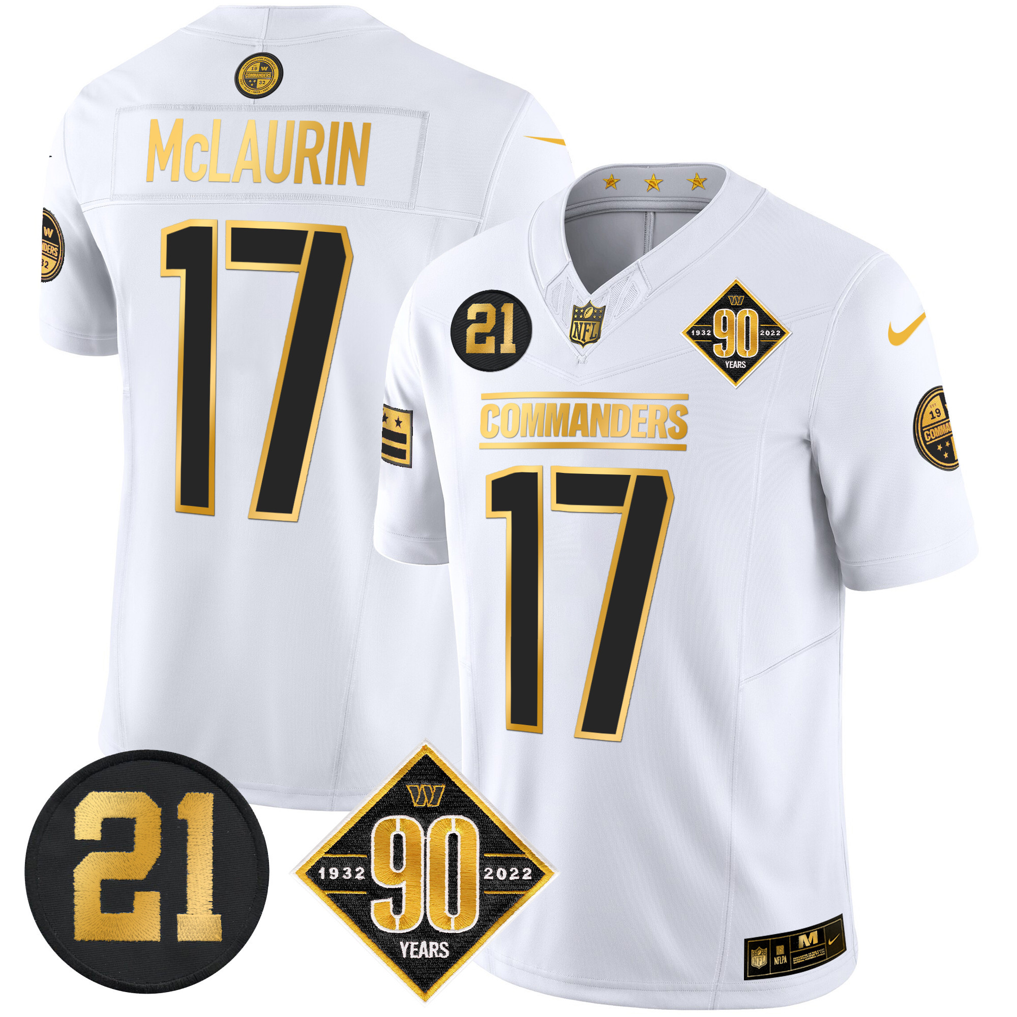 Terry McLaurin Men's Washington Commanders 90th & Sean Taylor Patch Gold Vapor Limited White Gold Jersey - All Stitched