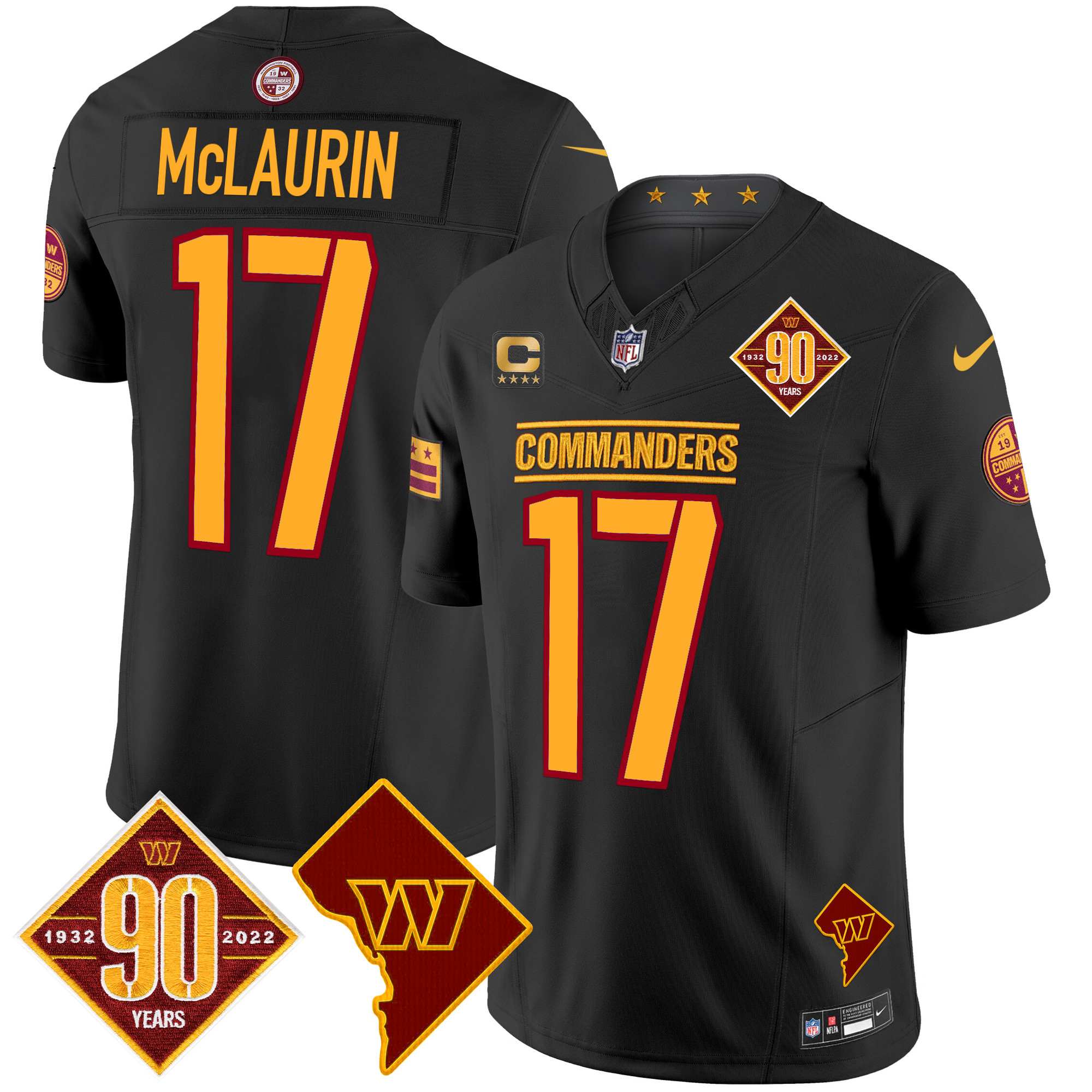 Terry McLaurin Men's Washington Commanders 90th Anniversary & Home Patch Vapor Limited Black Jersey - All Stitched