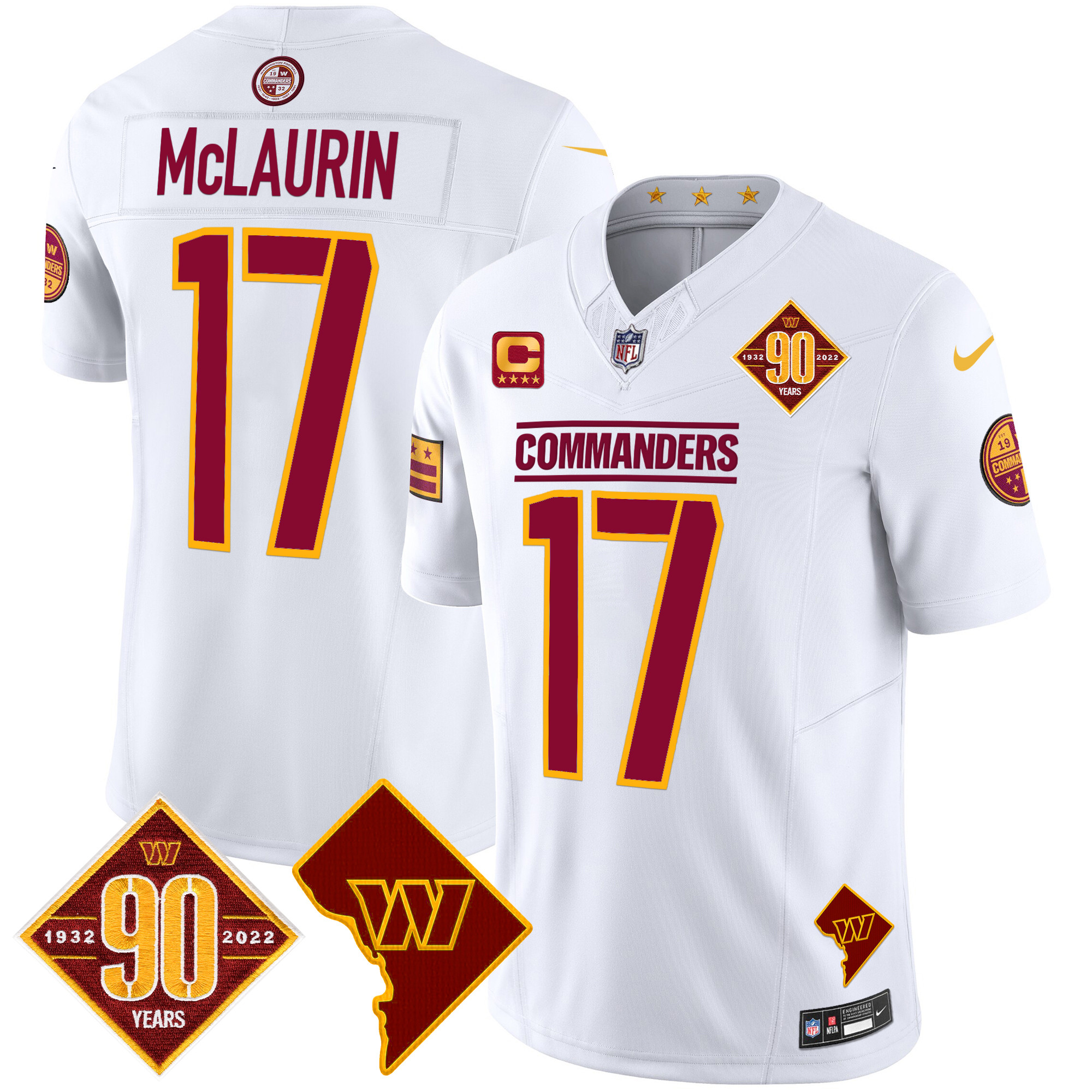 Terry McLaurin Men's Washington Commanders 90th Anniversary & Home Patch Vapor Limited White Jersey - All Stitched