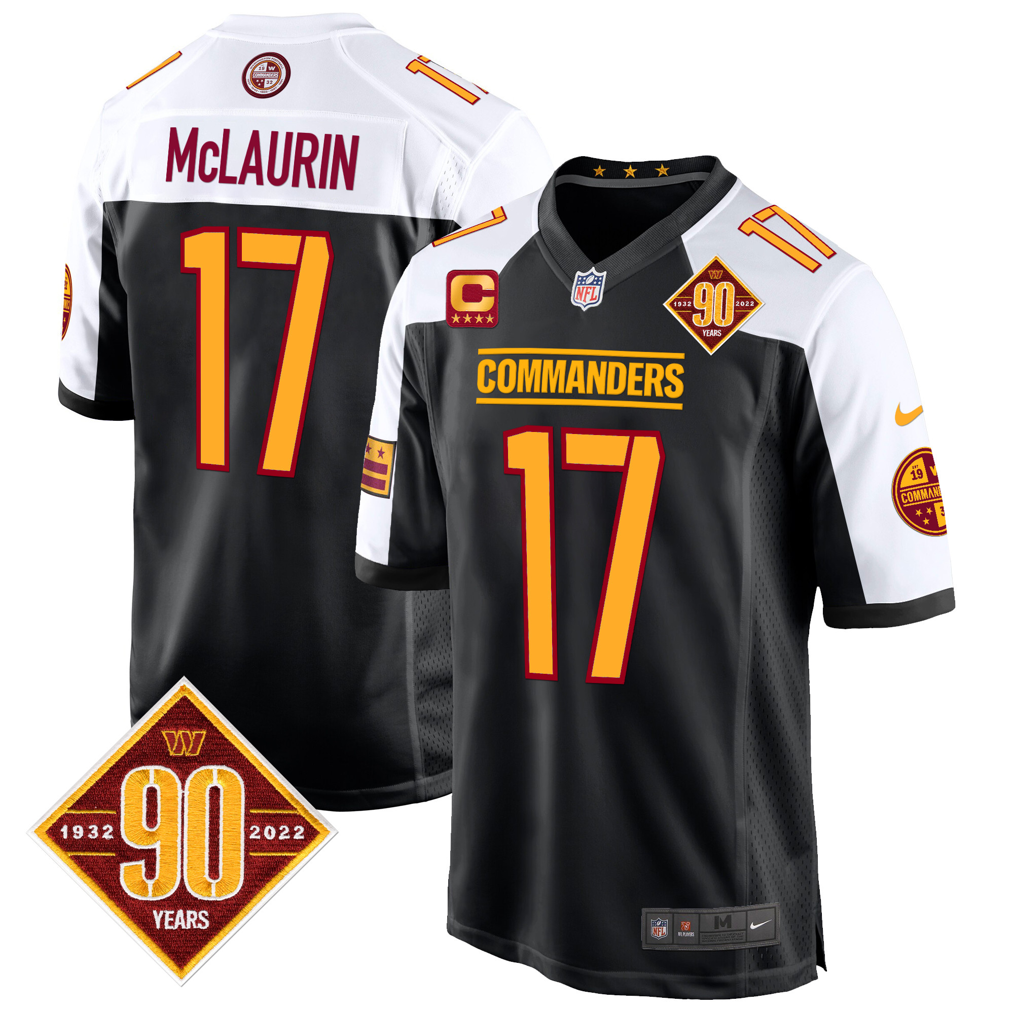 Terry McLaurin Men's Washington Commanders 90th Anniversary Patch Game Black Alternate Jersey - All Stitched