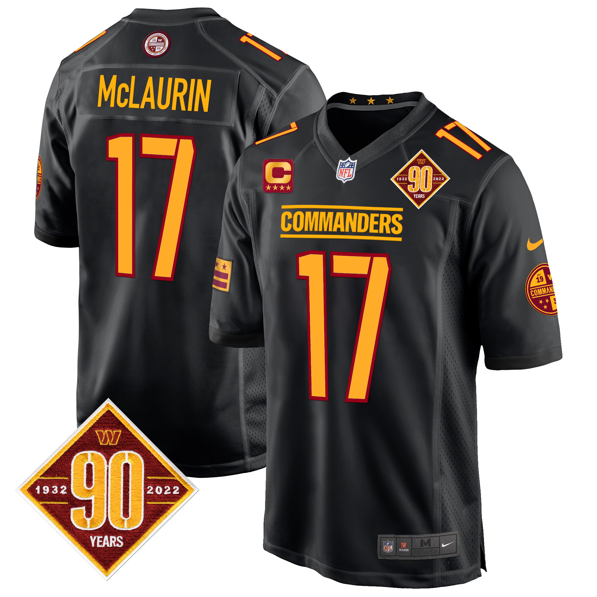 Terry McLaurin Men's Washington Commanders 90th Anniversary Patch Game Black Jersey - All Stitched