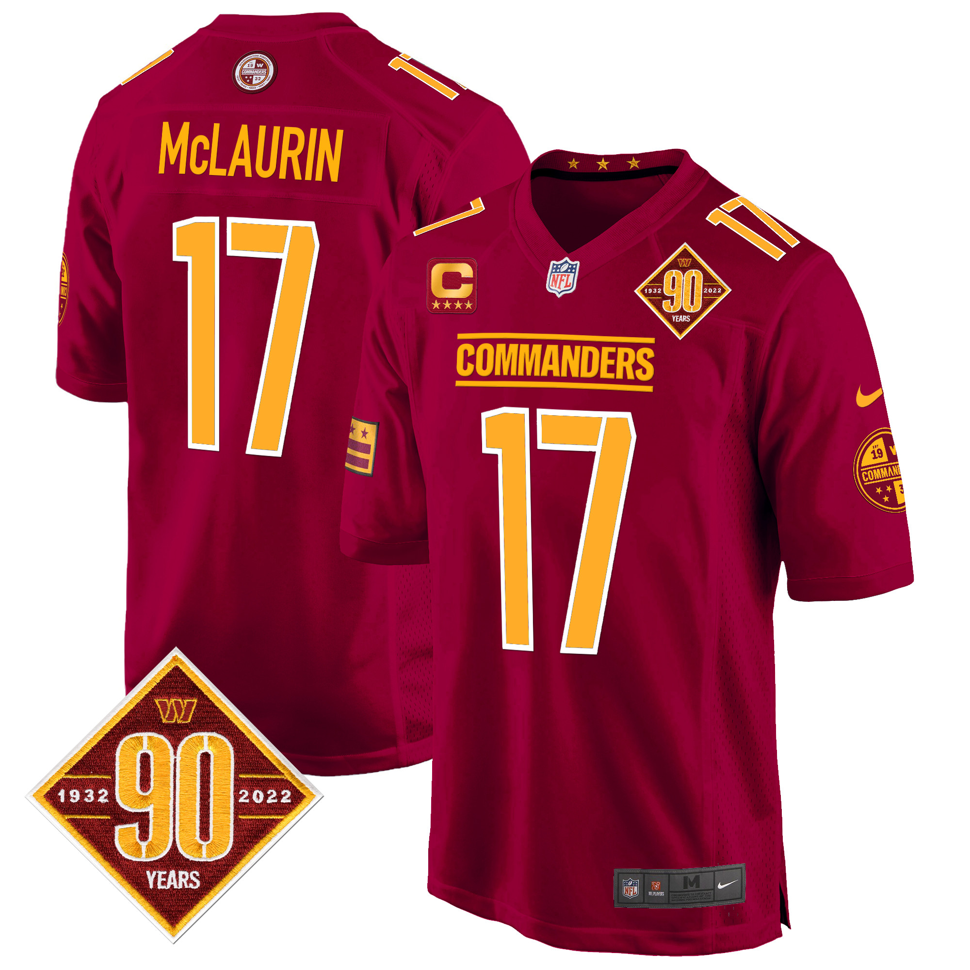 Terry McLaurin Men's Washington Commanders 90th Anniversary Patch Game Burgundy Jersey - All Stitched