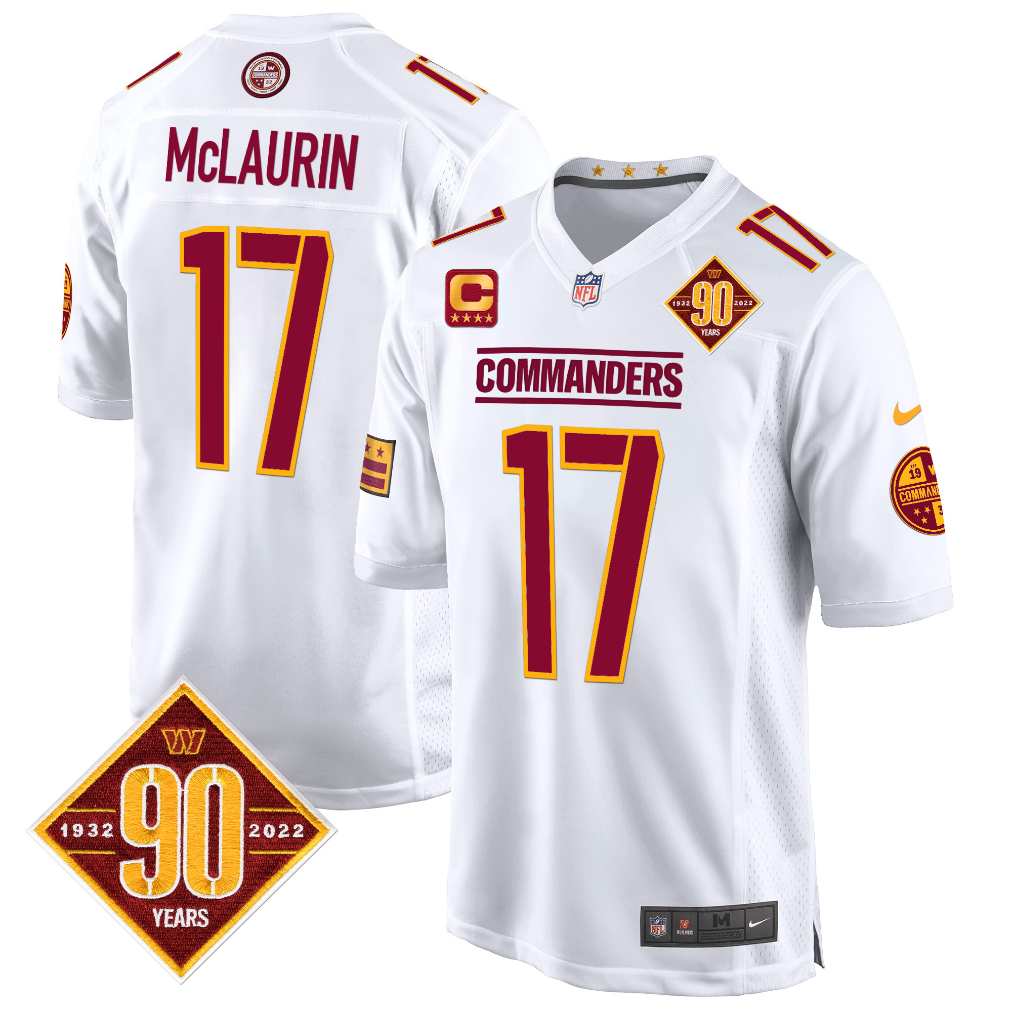 Terry McLaurin Men's Washington Commanders 90th Anniversary Patch Game White Jersey - All Stitched