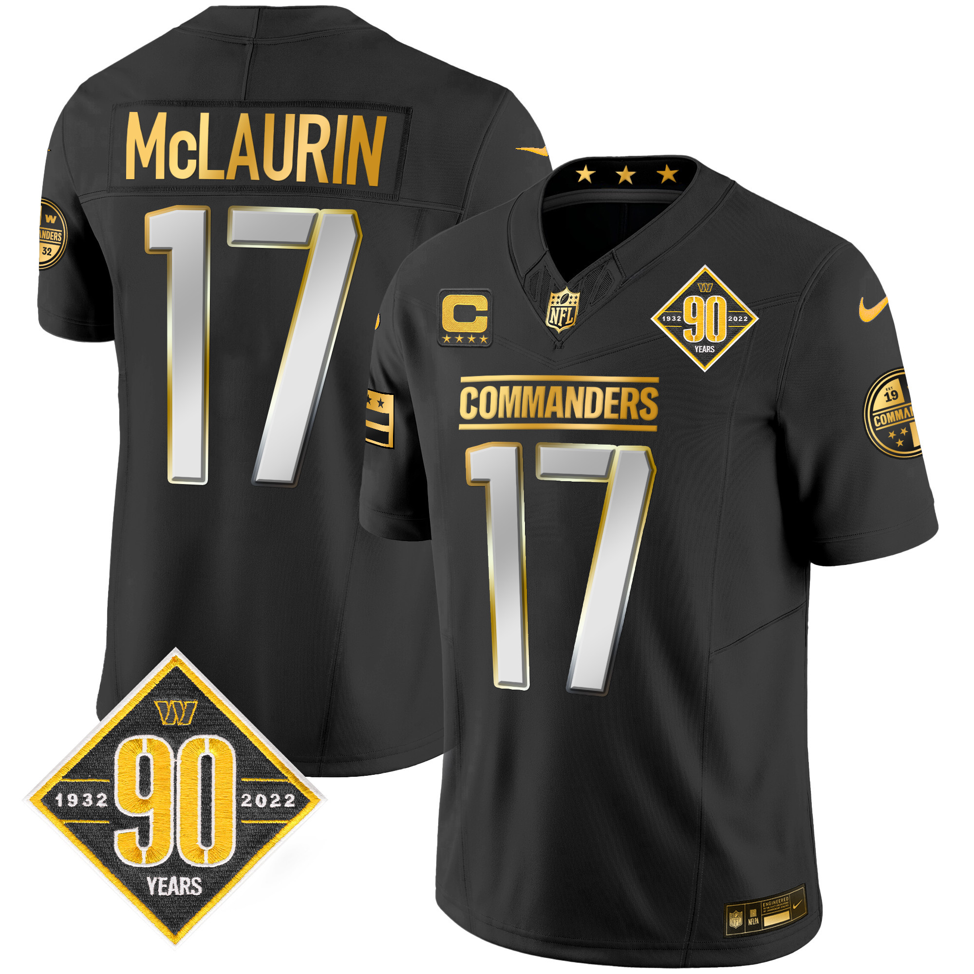 Terry McLaurin Men's Washington Commanders 90th Anniversary Patch Gold Vapor Black Limited Jersey - All Stitched