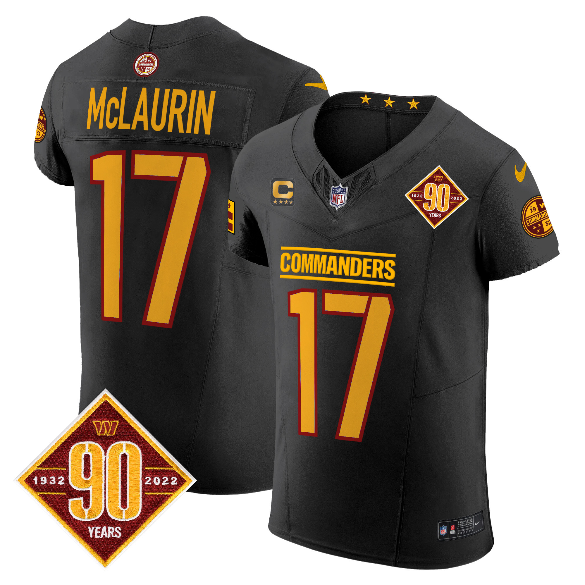 Terry McLaurin Men's Washington Commanders 90th Anniversary Patch Vapor Elite Black Jersey - All Stitched