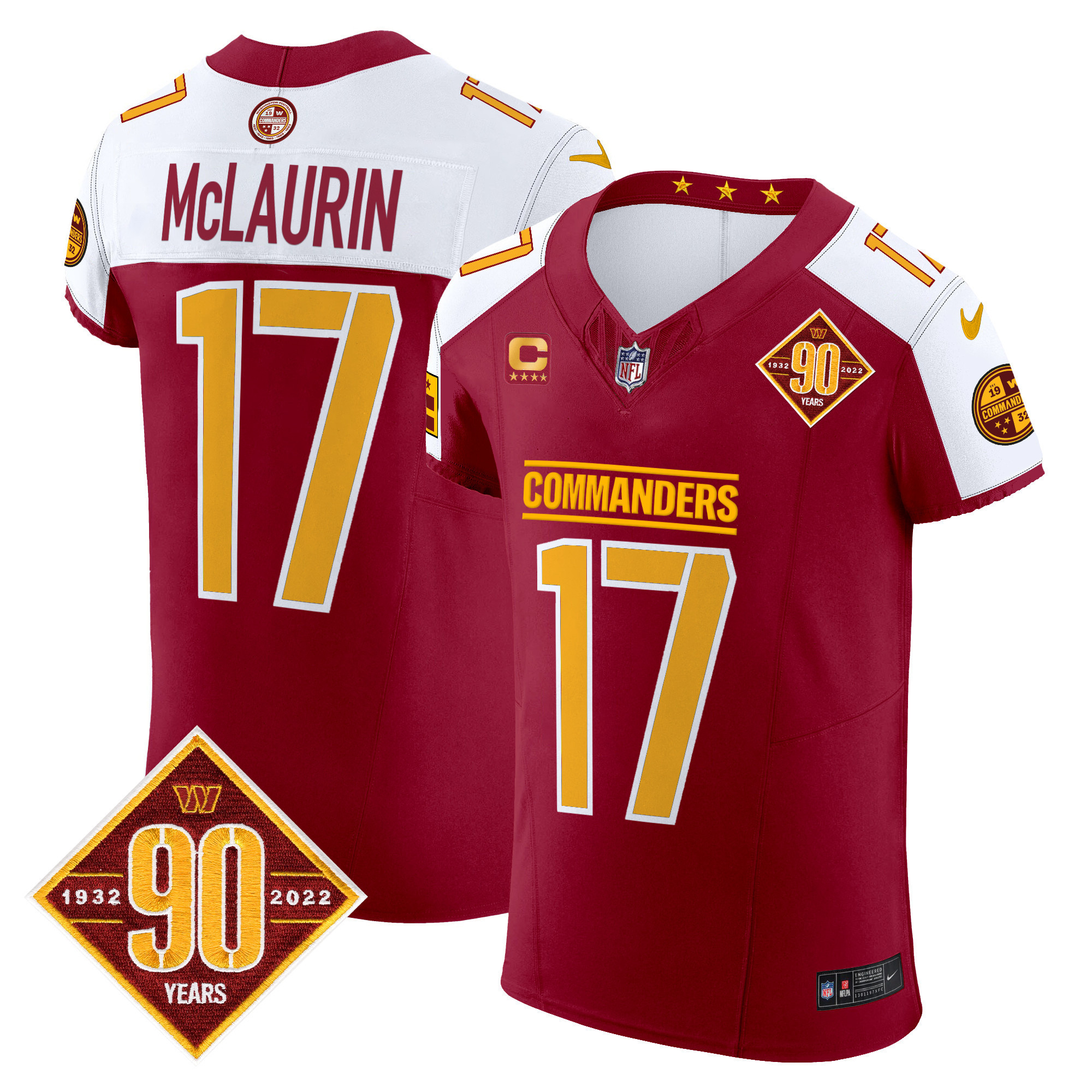 Terry McLaurin Men's Washington Commanders 90th Anniversary Patch Vapor Elite Burgundy Alternate Jersey - All Stitched