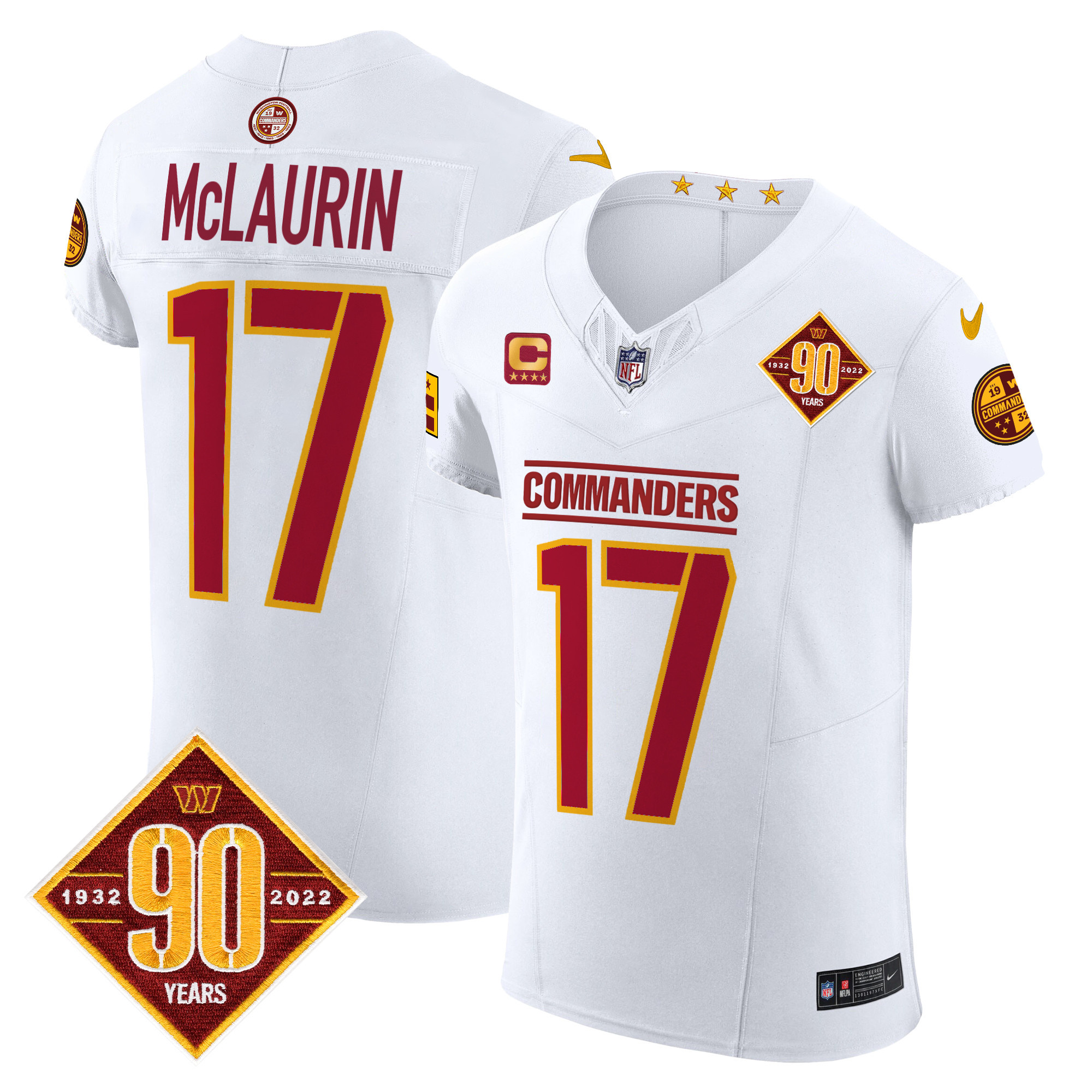 Terry McLaurin Men's Washington Commanders 90th Anniversary Patch Vapor Elite White Jersey - All Stitched