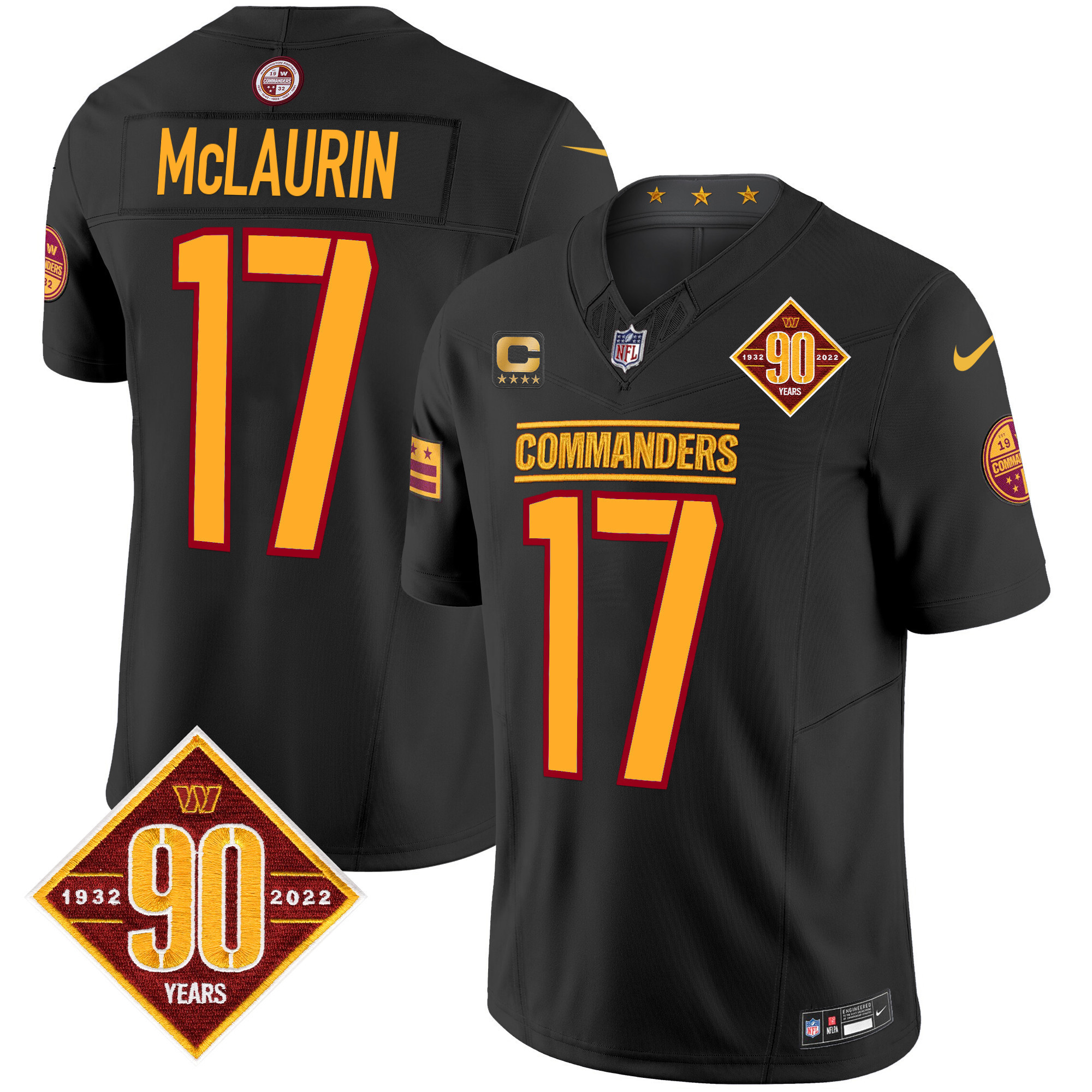 Terry McLaurin Men's Washington Commanders 90th Anniversary Patch Vapor Limited Black Jersey - All Stitched