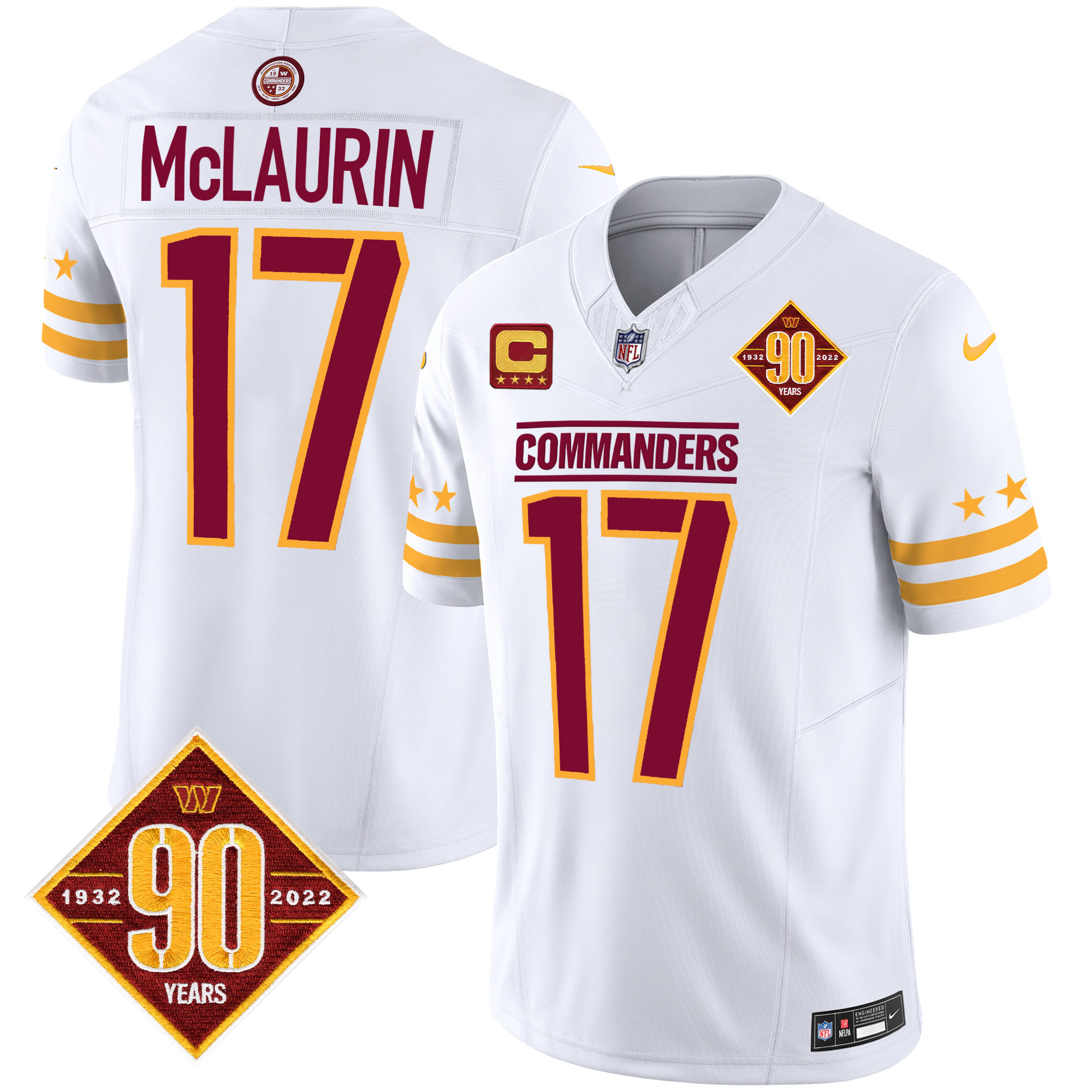 Terry McLaurin Men's Washington Commanders 90th Anniversary Patch Vapor Limited White Jersey - All Stitched
