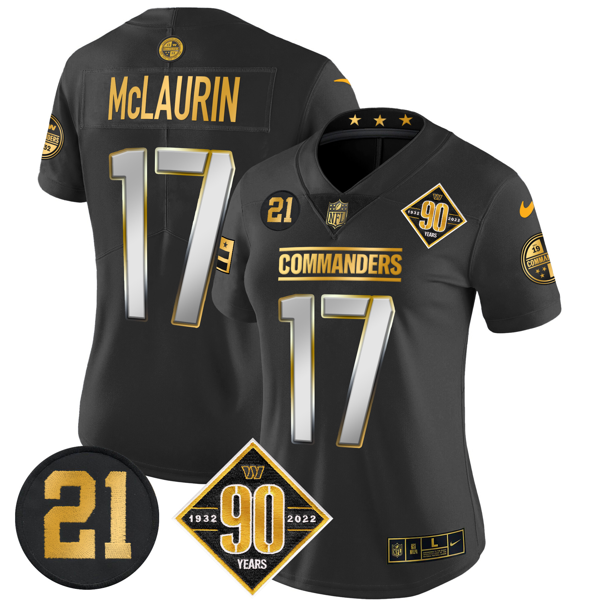 Terry McLaurin Women's Washington Commanders 90th & Sean Taylor Patch Gold Vapor Limited Black Limited Jersey - All Stitched