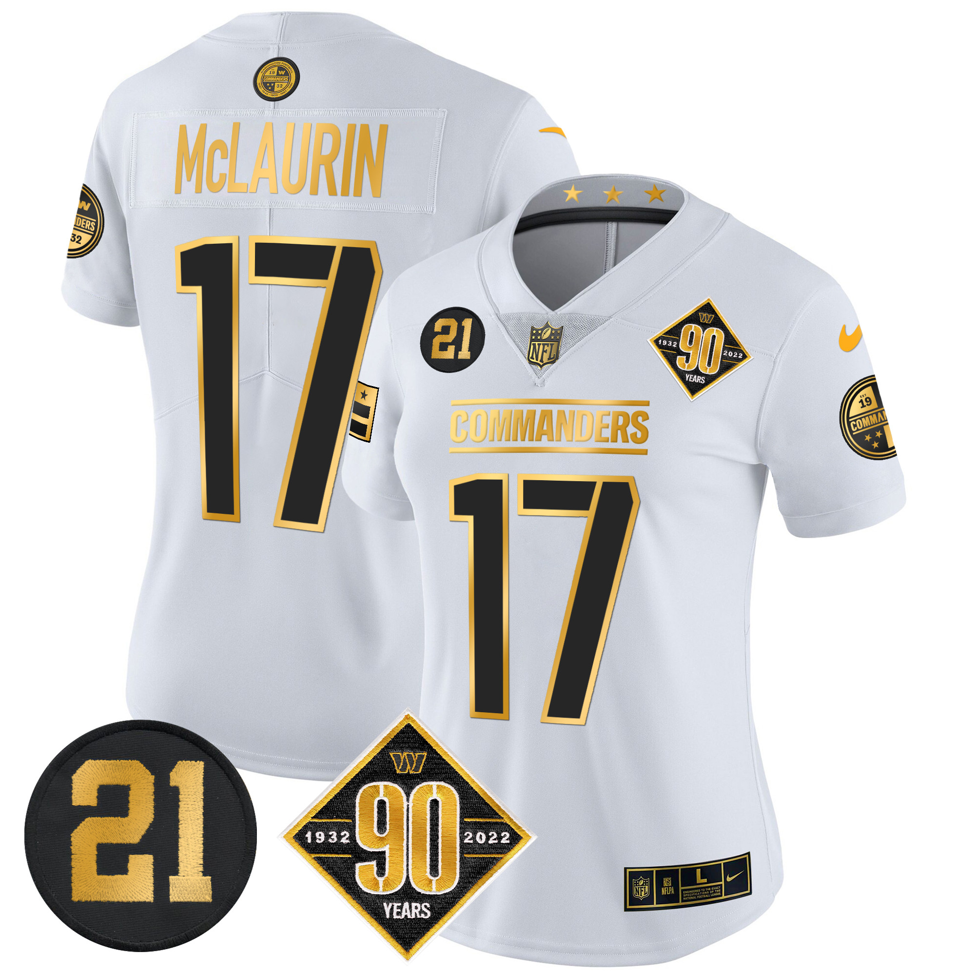 Terry McLaurin Women's Washington Commanders 90th & Sean Taylor Patch Gold Vapor Limited White Gold Jersey - All Stitched