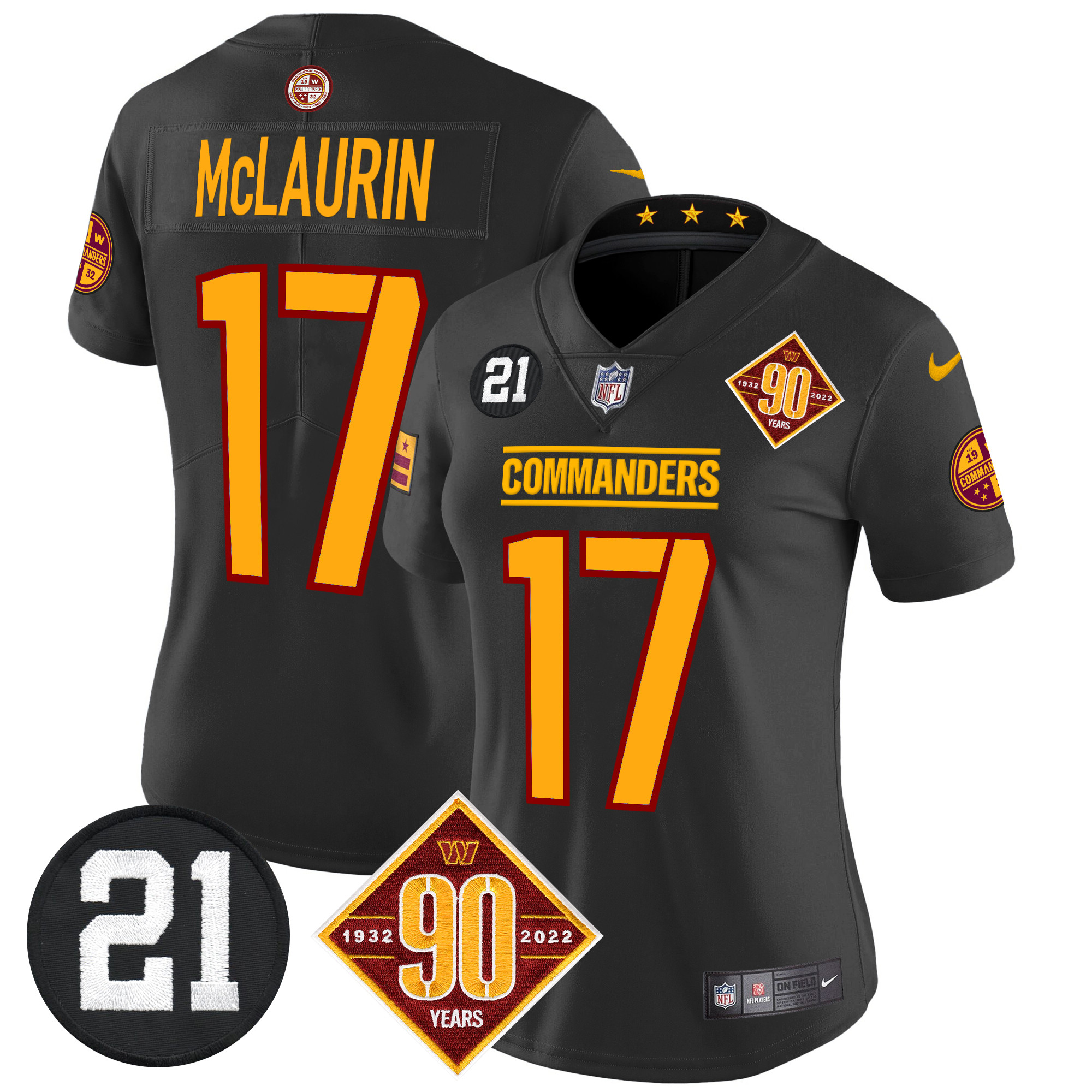 Terry McLaurin Women's Washington Commanders 90th & Sean Taylor Patch Vapor Limited Black Jersey - All Stitched