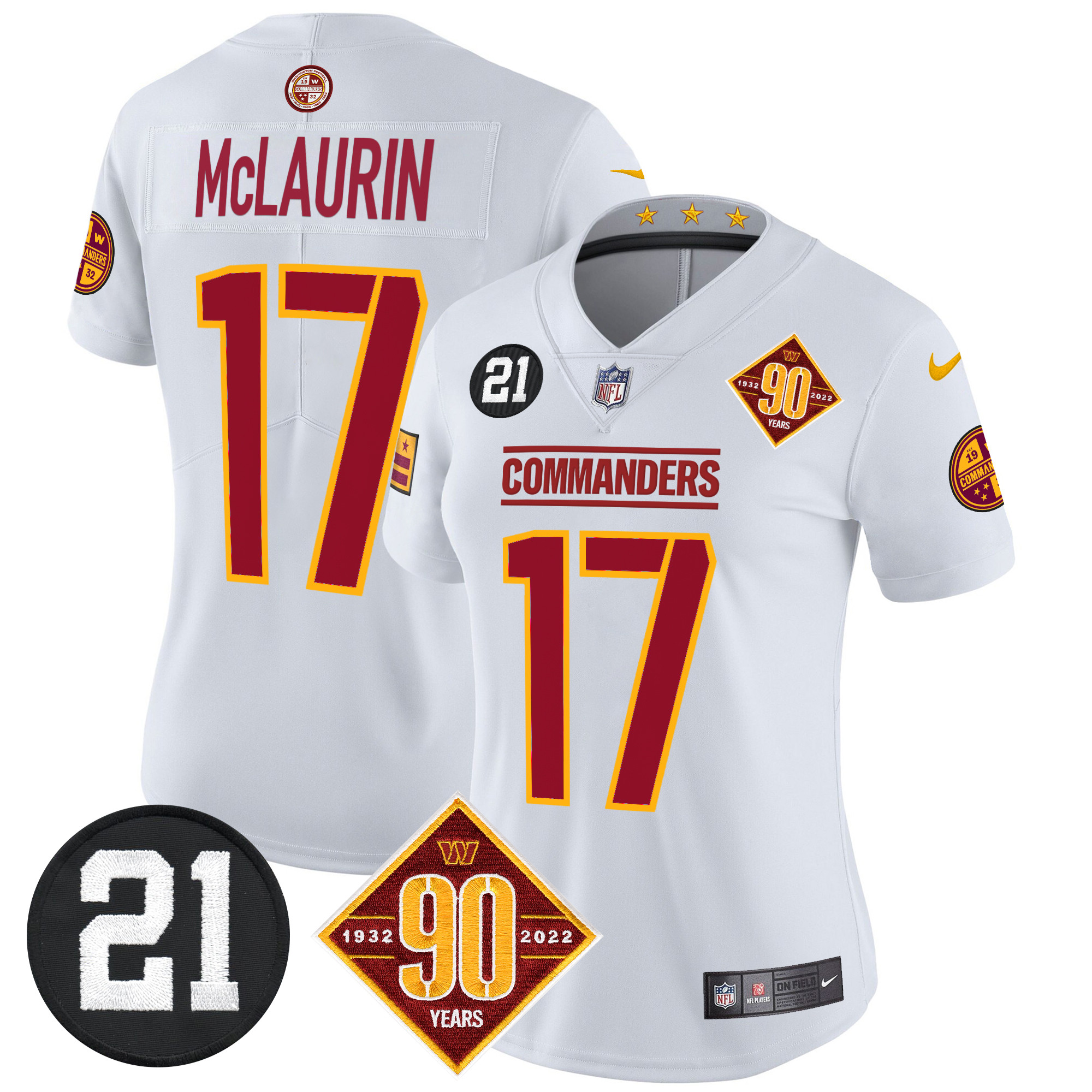 Terry McLaurin Women's Washington Commanders 90th & Sean Taylor Patch Vapor Limited White Jersey - All Stitched