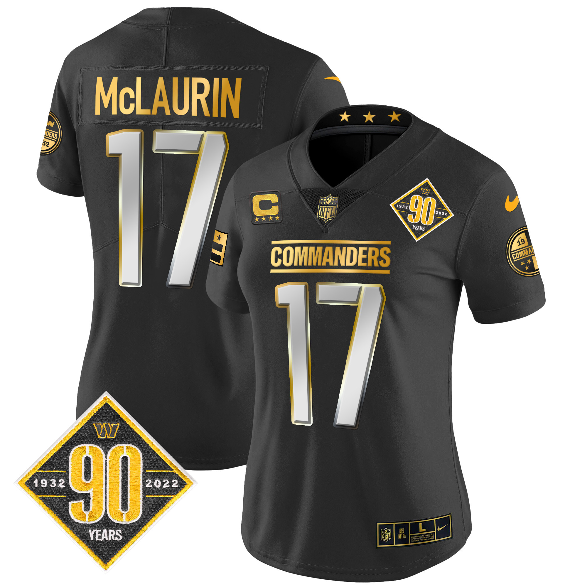 Terry McLaurin Women's Washington Commanders 90th Anniversary Patch Gold Vapor Black Limited Jersey - All Stitched