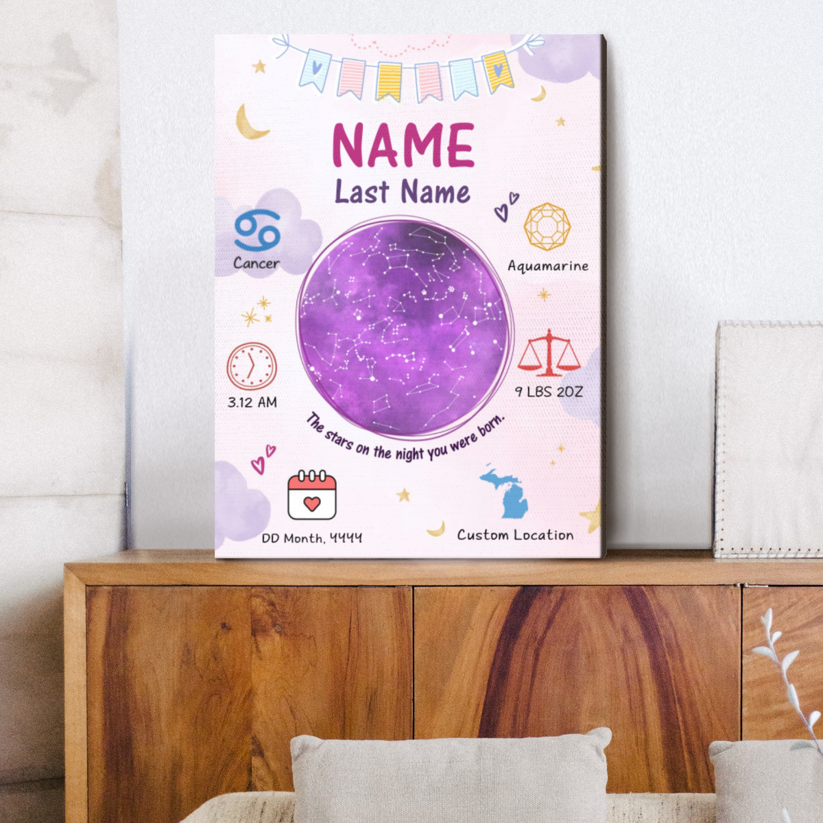 The Night You Were Born Custom Constellation Canvas, Baby Birth Natal Chart Print, New Baby Gift, 1st Birthday Gift, Nursery Decorations